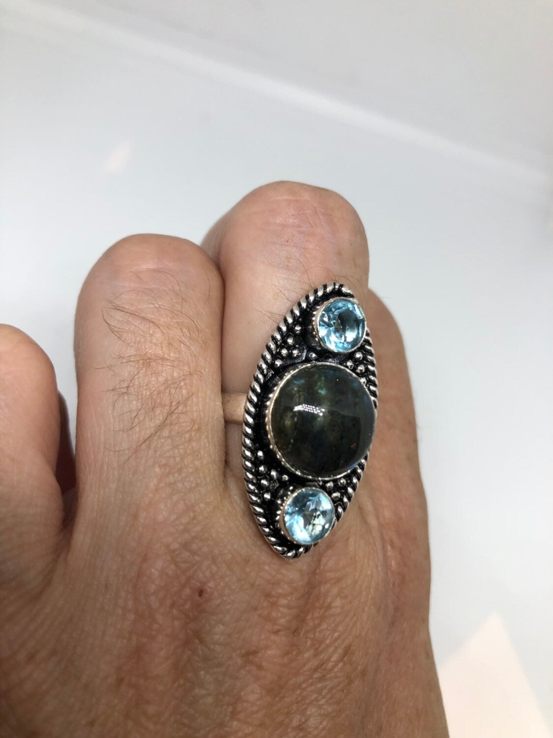 Vintage Large Labradorite Rainbow Moonstone Stone Silver Ring