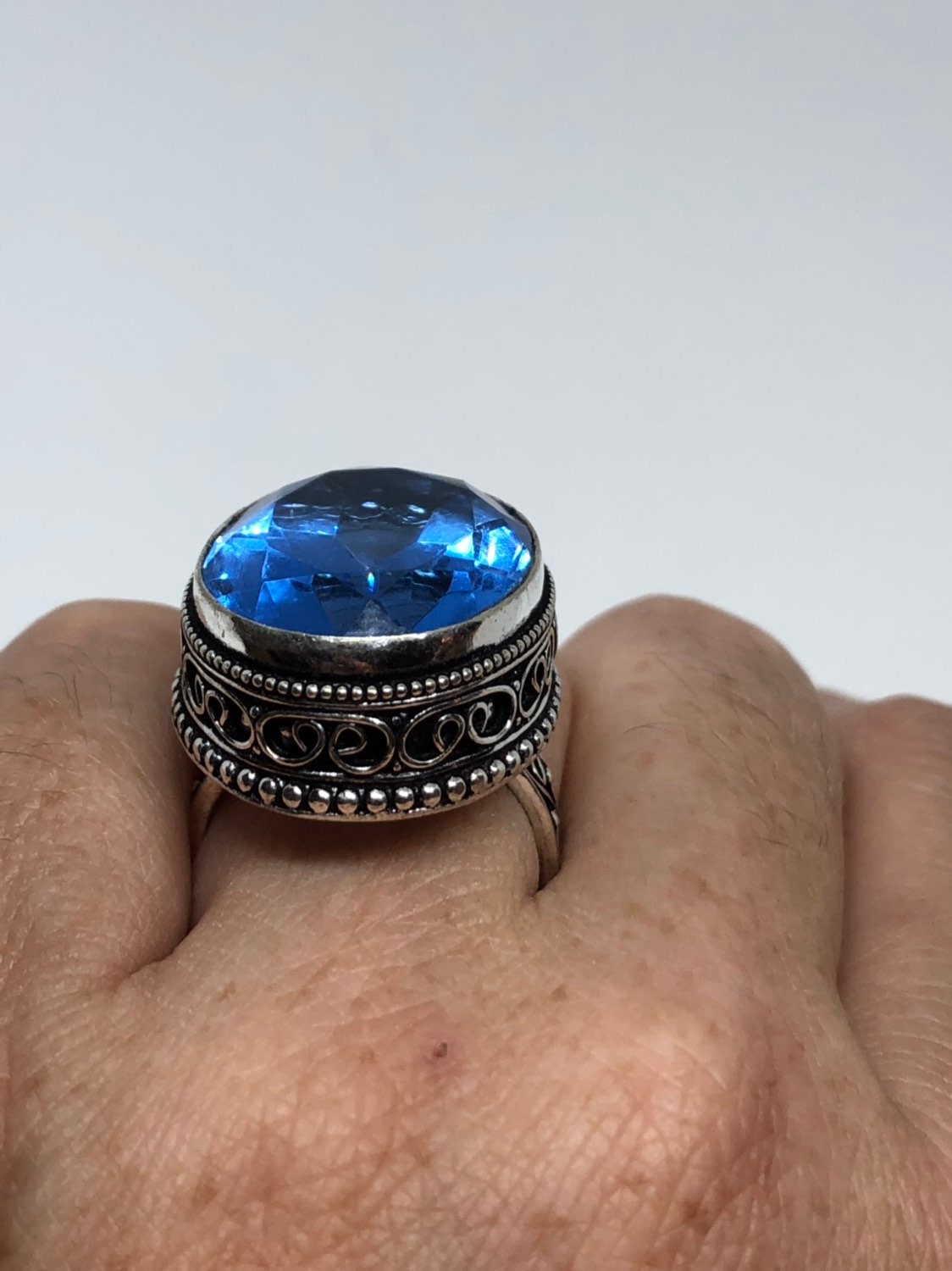 Vintage Blue Vintage Art Glass Ring About 1 Inch Long Knuckle Ring
