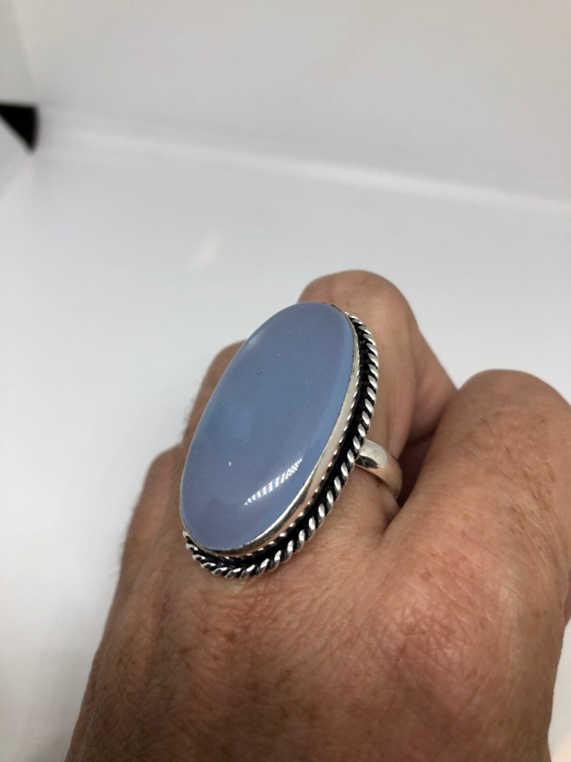 Vintage Genuine Blue Chalcedony an Inch Long Ring