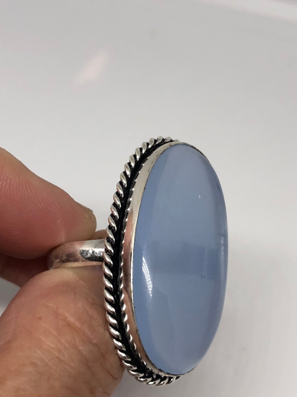 Vintage Genuine Blue Chalcedony an Inch Long Ring
