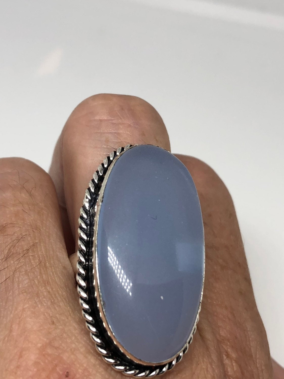 Vintage Genuine Blue Chalcedony an Inch Long Ring