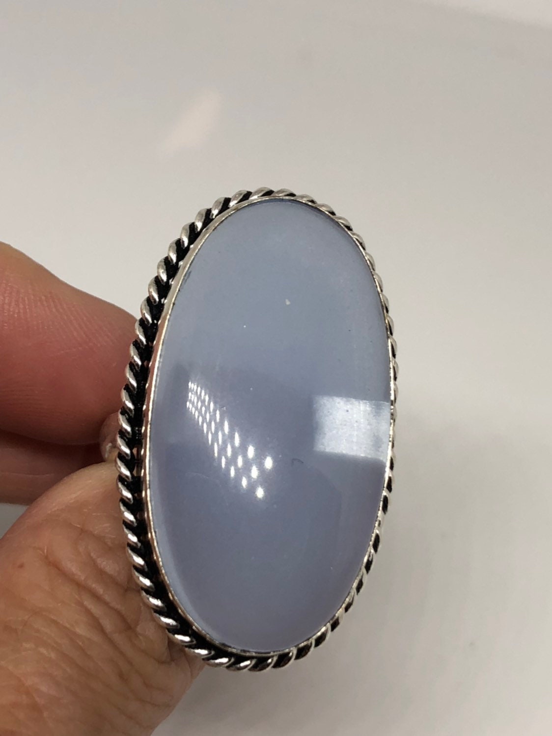 Vintage Genuine Blue Chalcedony an Inch Long Ring
