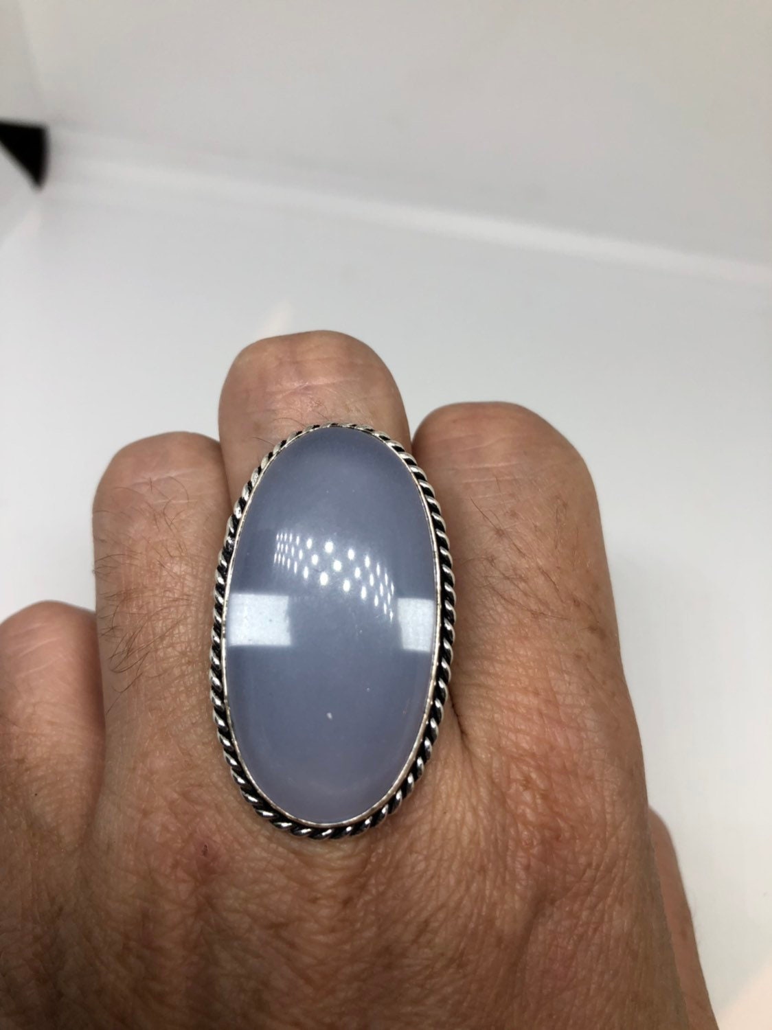 Vintage Genuine Blue Chalcedony an Inch Long Ring