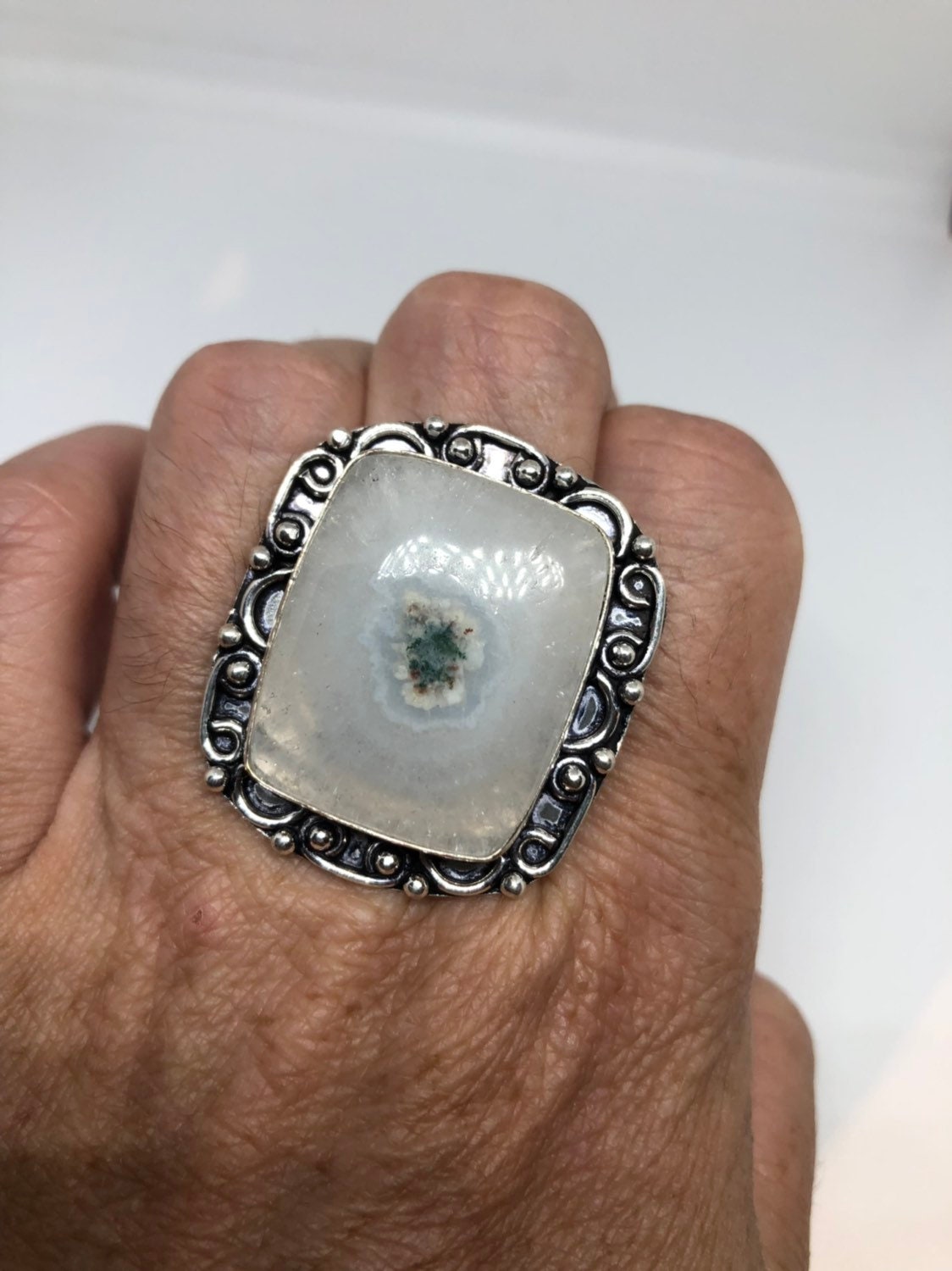 Vintage Genuine White Chalcedony an Inch Long Ring