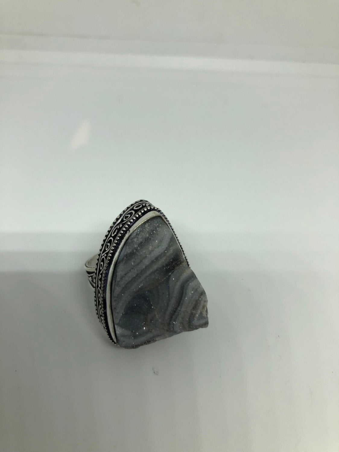 Vintage Gray Genuine Chalcedony Rose Crystal Ring