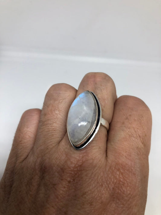 Vintage Large Blue White Rainbow Moonstone Stone Silver Ring