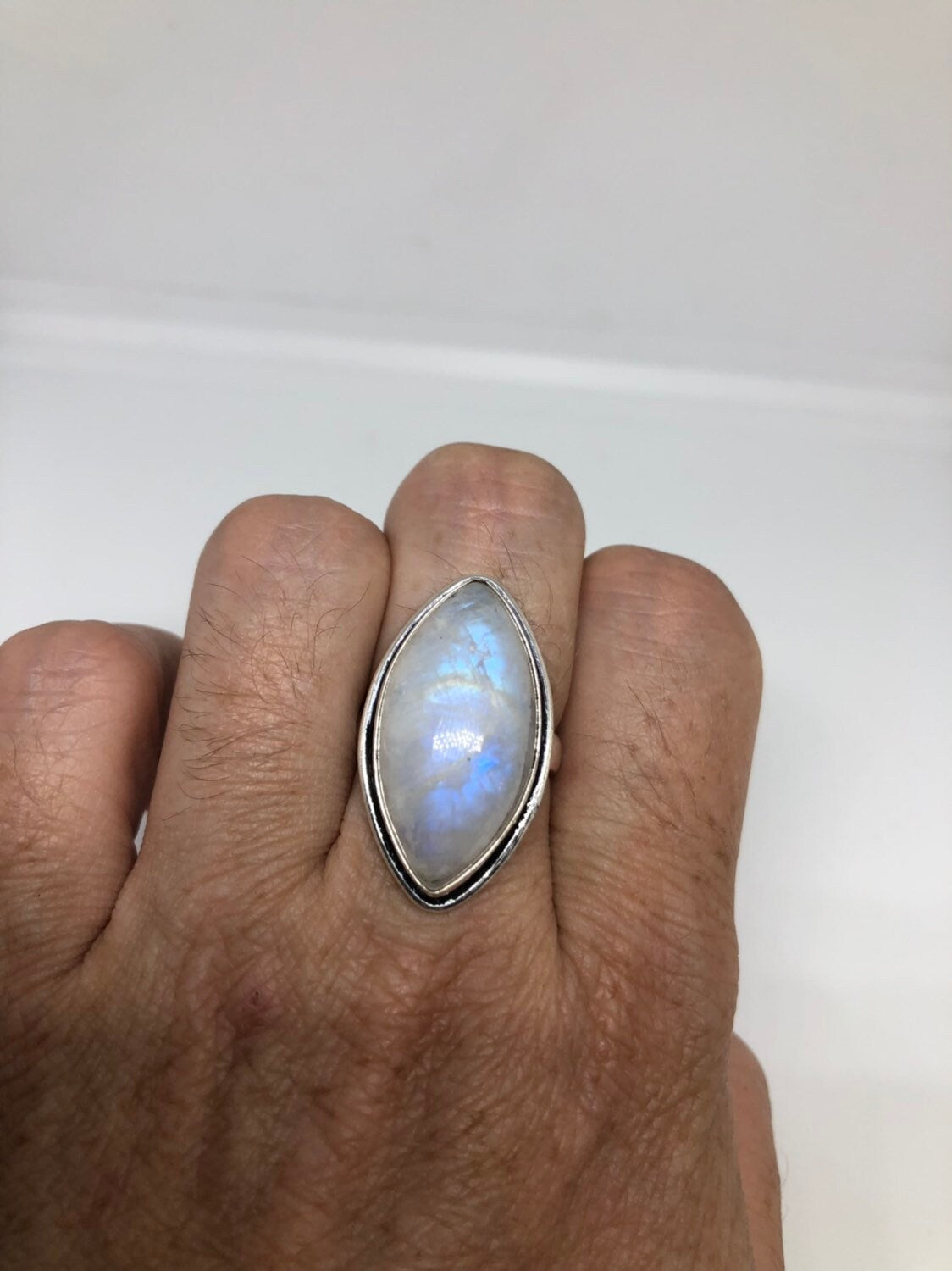 Vintage Large Blue White Rainbow Moonstone Stone Silver Ring