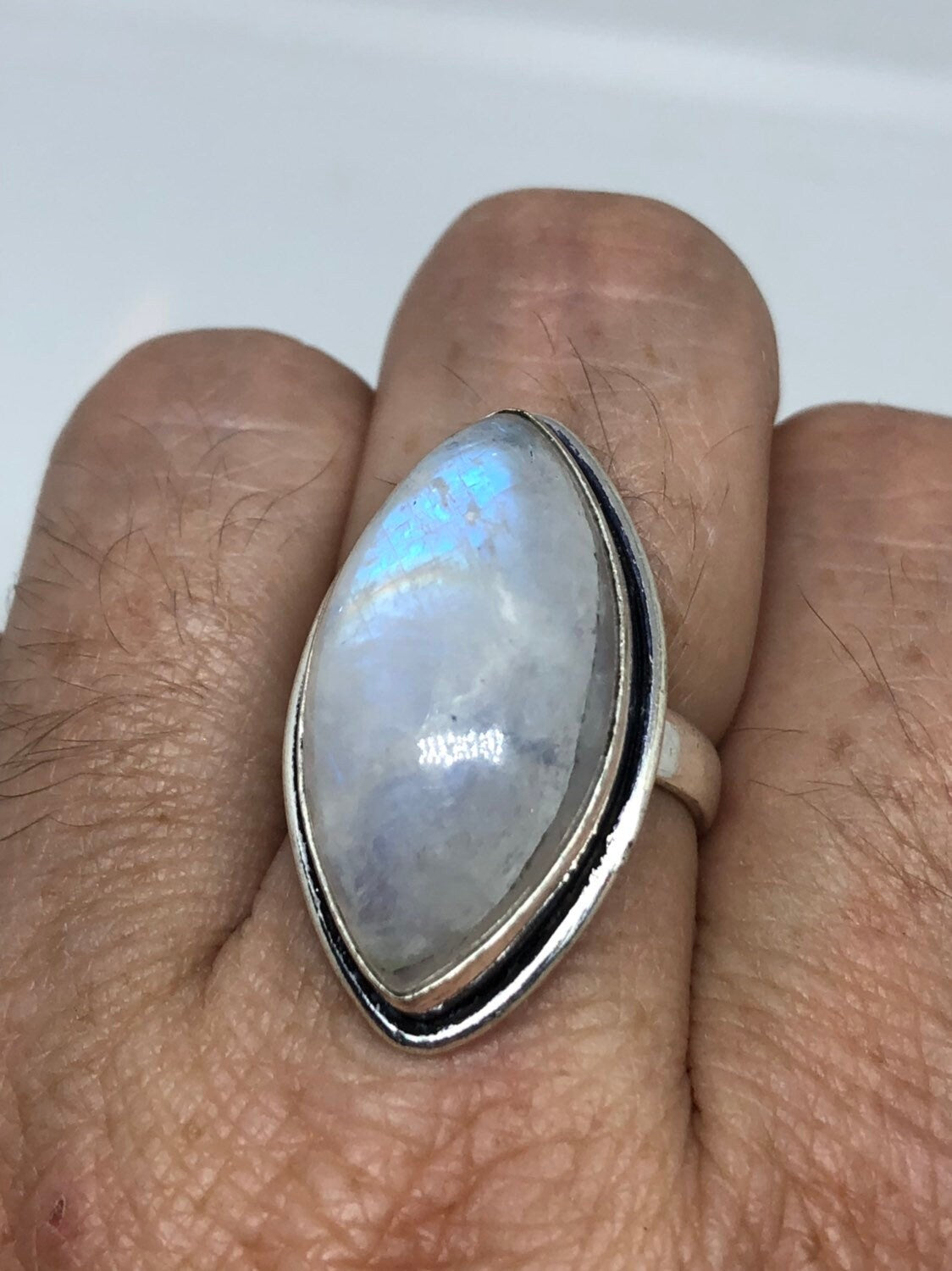 Vintage Large Blue White Rainbow Moonstone Stone Silver Ring