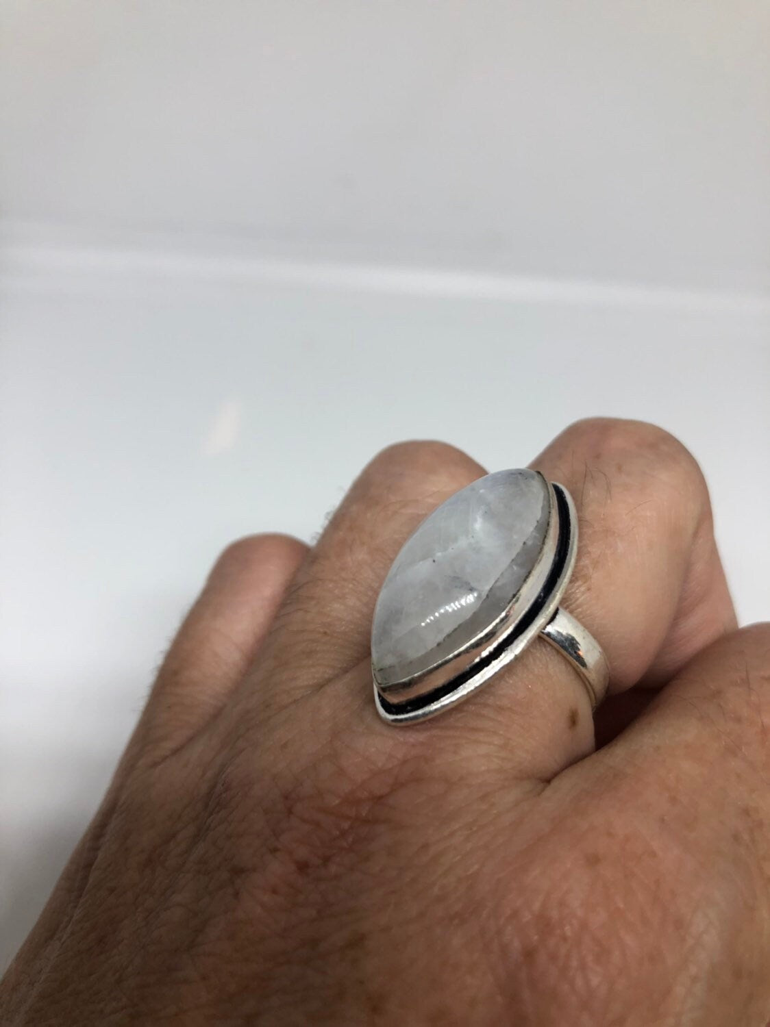 Vintage Large Blue White Rainbow Moonstone Stone Silver Ring