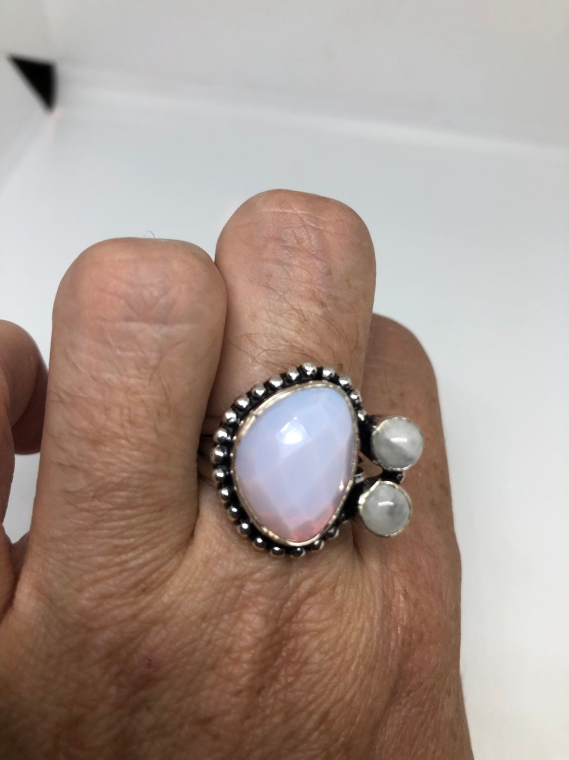 Vintage Large Blue White Rainbow Moonstone Stone Silver Ring