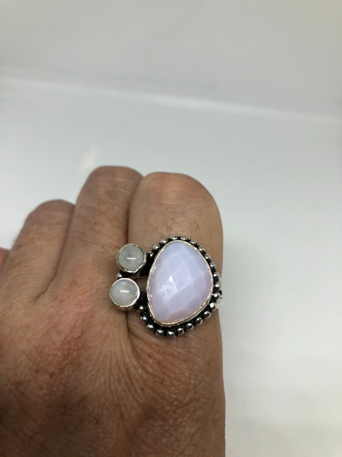 Vintage Large Blue White Rainbow Moonstone Stone Silver Ring