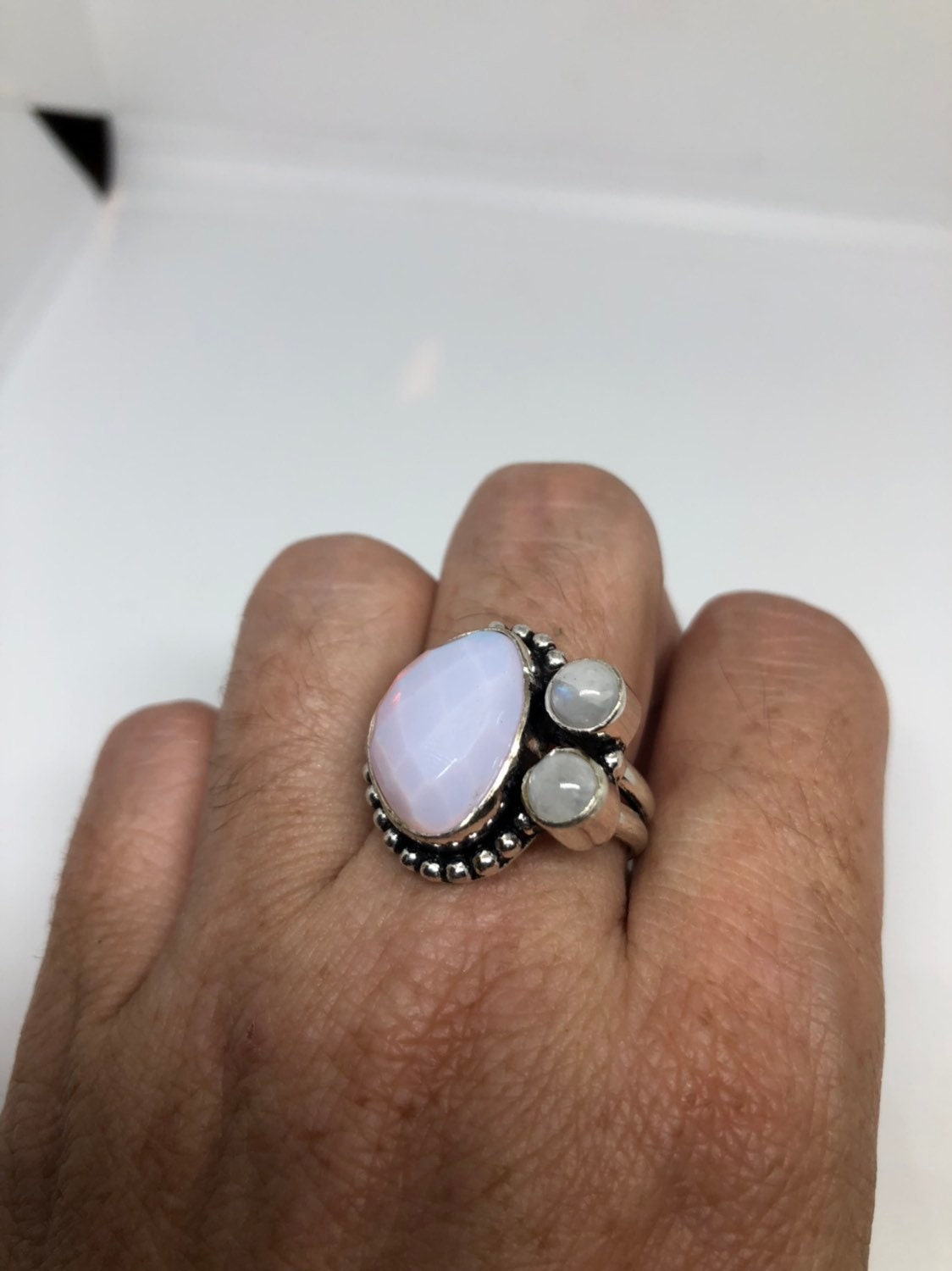 Vintage Large Blue White Rainbow Moonstone Stone Silver Ring