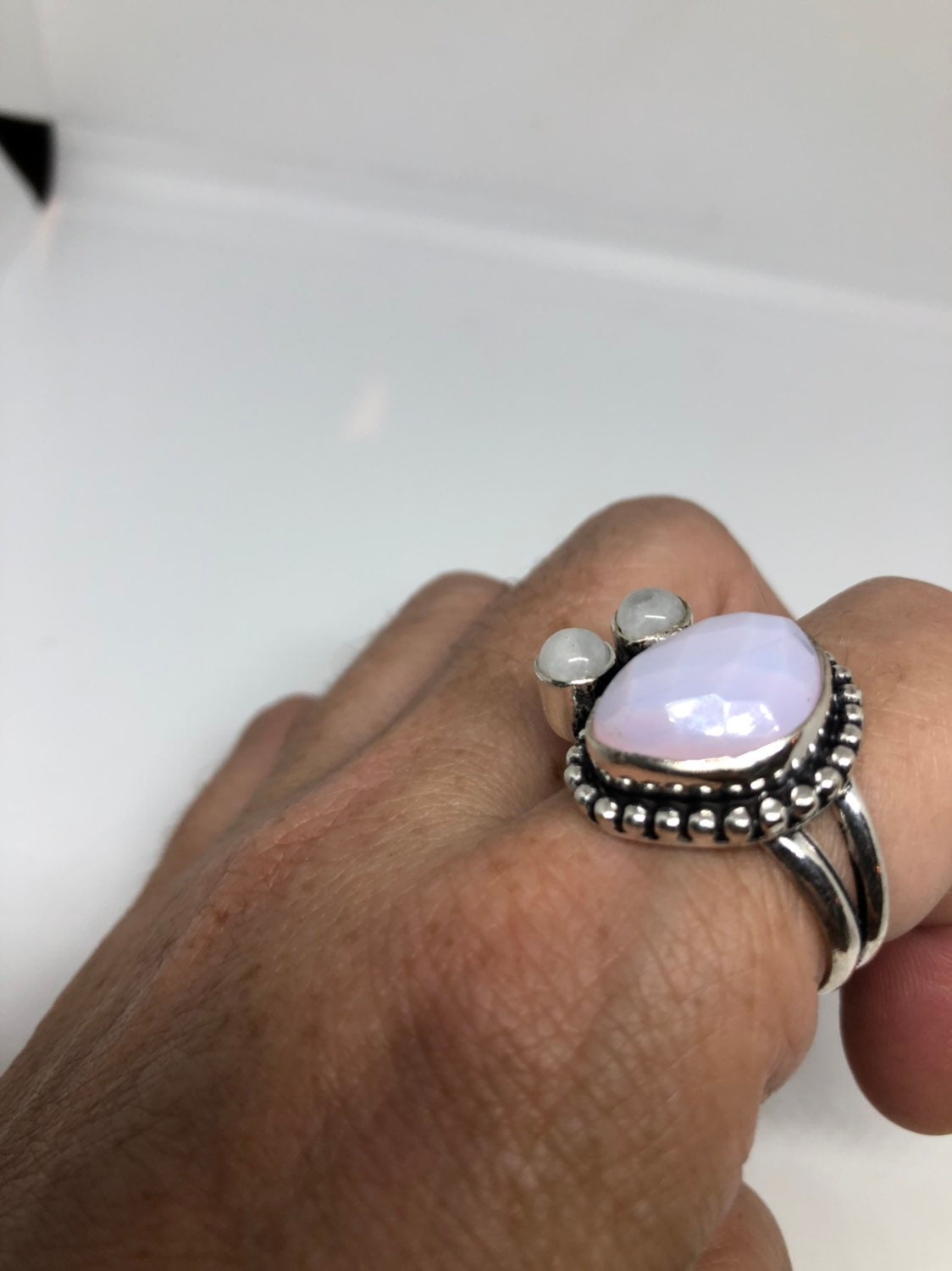 Vintage Large Blue White Rainbow Moonstone Stone Silver Ring