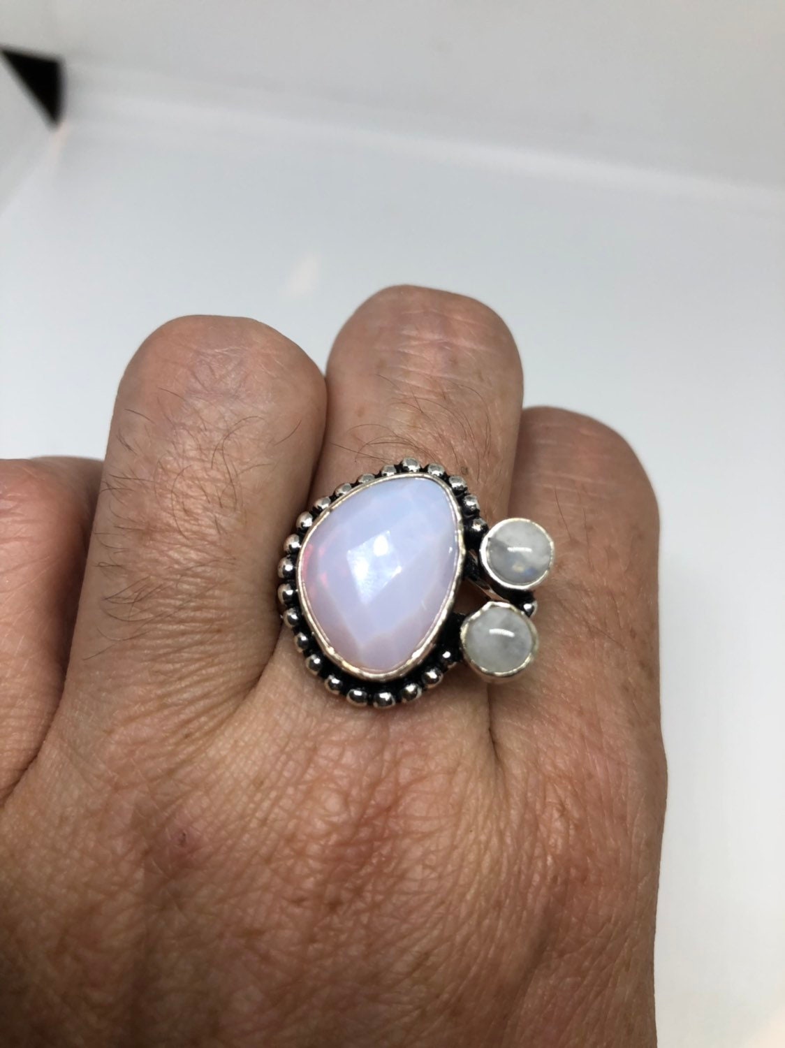 Vintage Large Blue White Rainbow Moonstone Stone Silver Ring