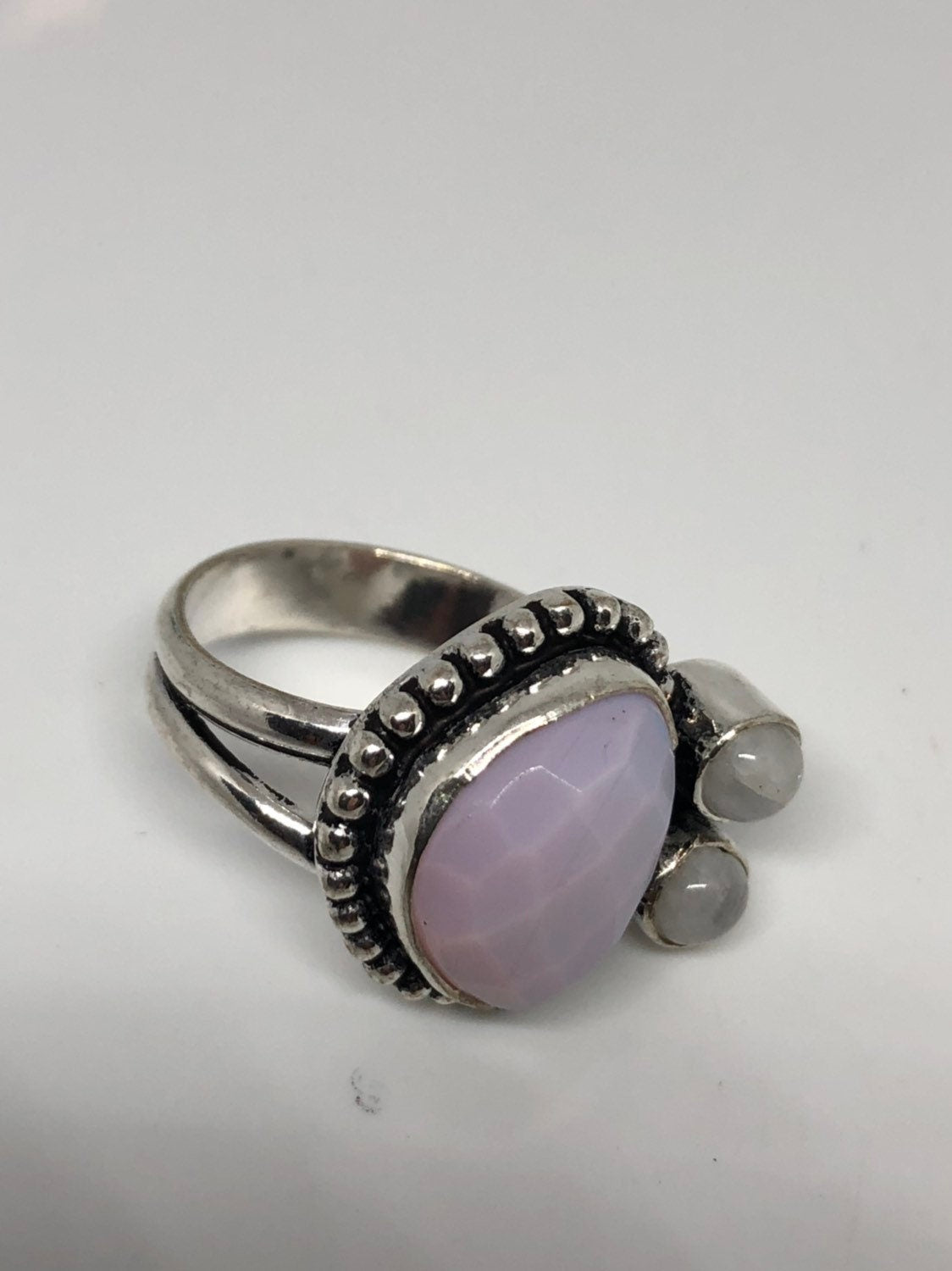 Vintage Large Blue White Rainbow Moonstone Stone Silver Ring