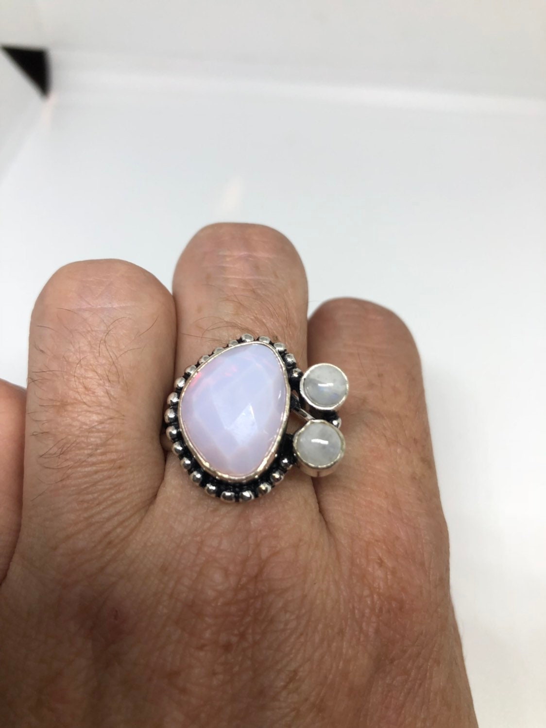 Vintage Large Blue White Rainbow Moonstone Stone Silver Ring