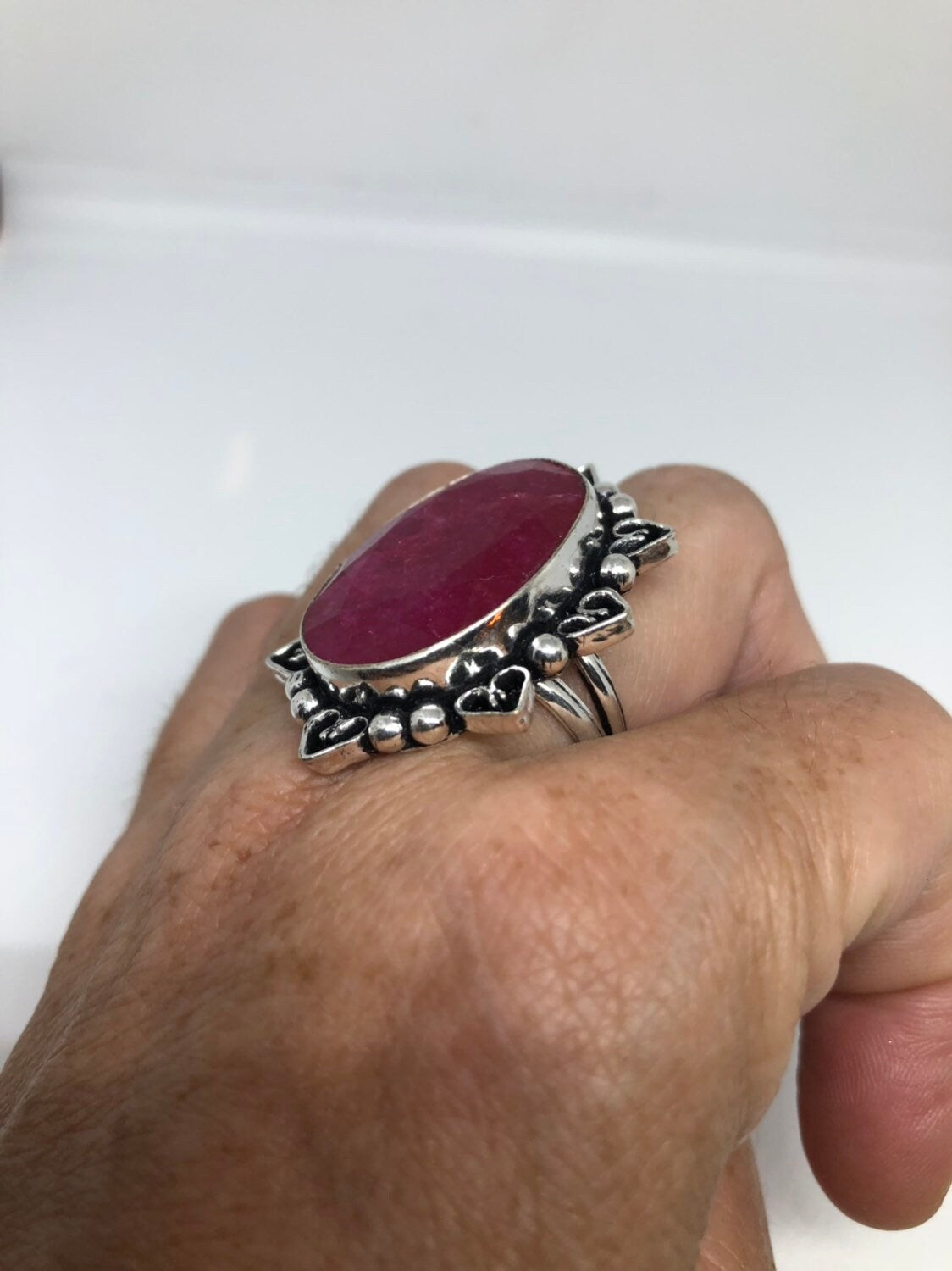 Vintage Handmade Raw Pink Ruby Silver Gothic Ring