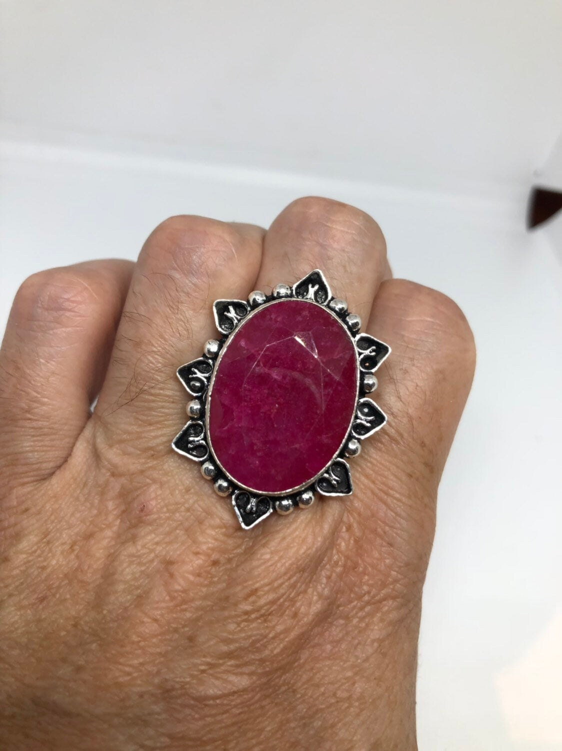 Vintage Handmade Raw Pink Ruby Silver Gothic Ring