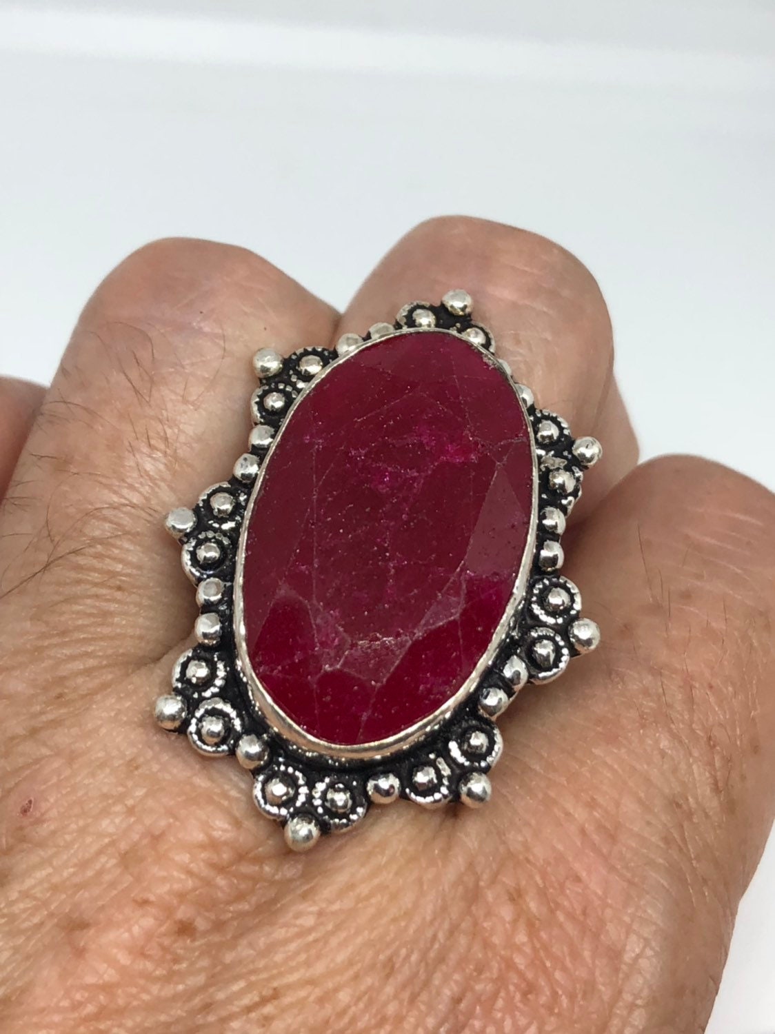 Vintage Handmade Raw Pink Ruby Silver Gothic Ring