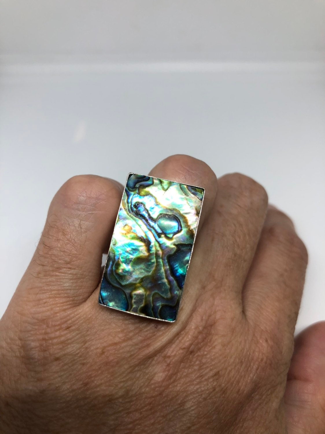 Antique Green Abalone White Bronze Silver Ring