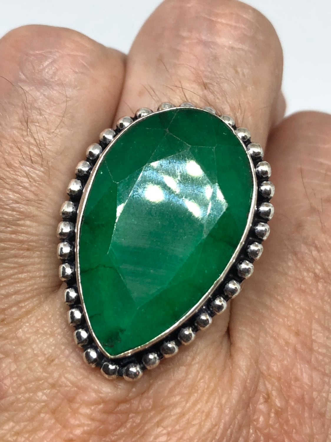 Vintage Green Raw Emerald Silver Bronze Statement Boho Ring