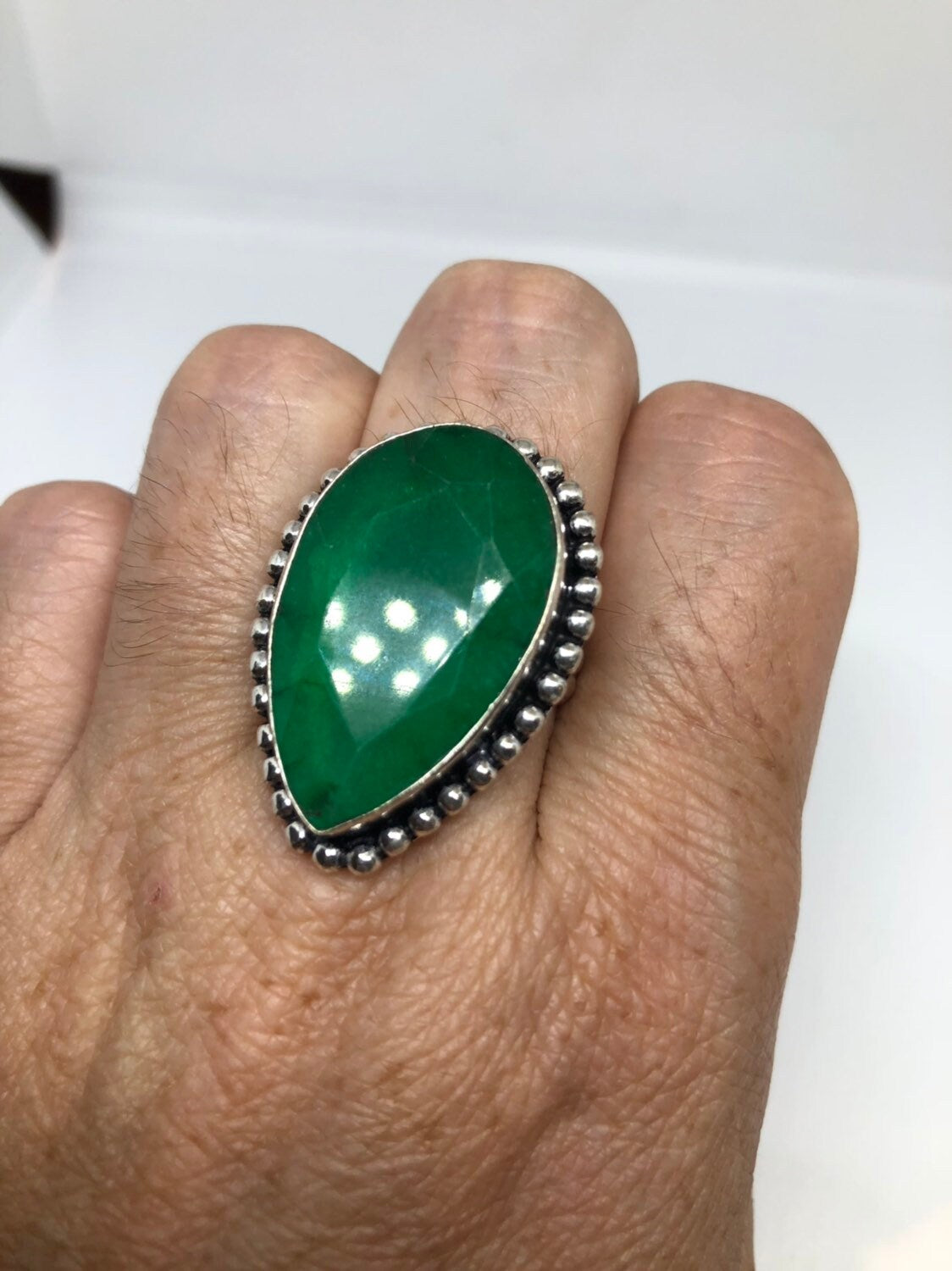 Vintage Green Raw Emerald Silver Bronze Statement Boho Ring