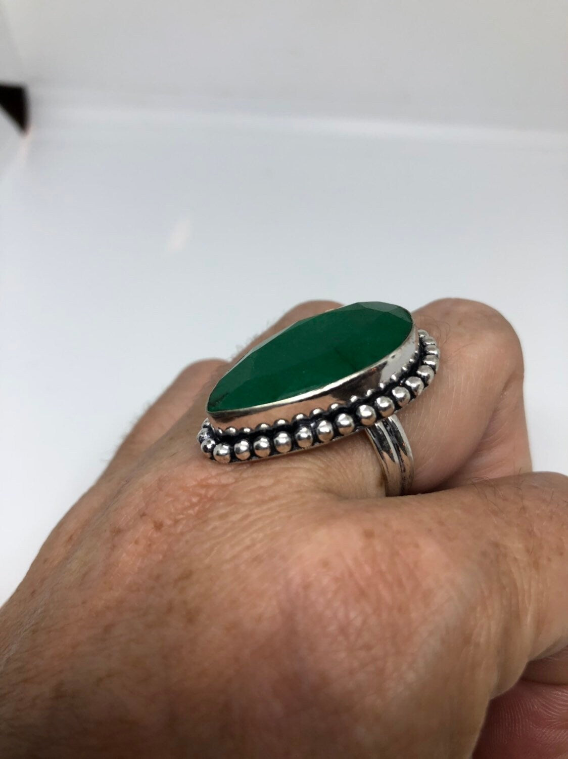 Vintage Green Raw Emerald Silver Bronze Statement Boho Ring