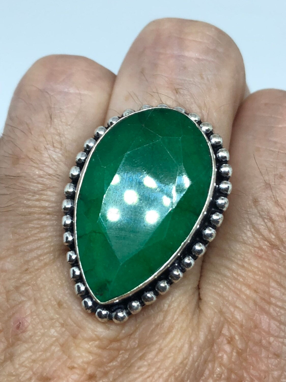 Vintage Green Raw Emerald Silver Bronze Statement Boho Ring