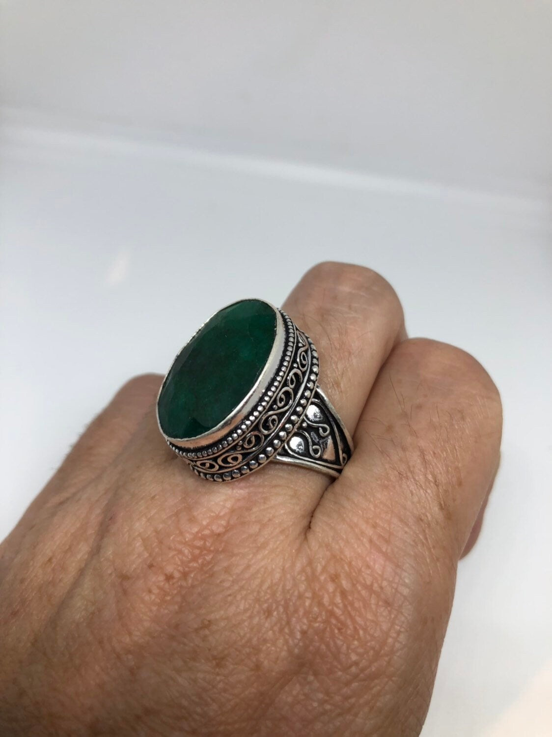 Vintage Green Raw Emerald Silver Bronze Statement Boho Ring