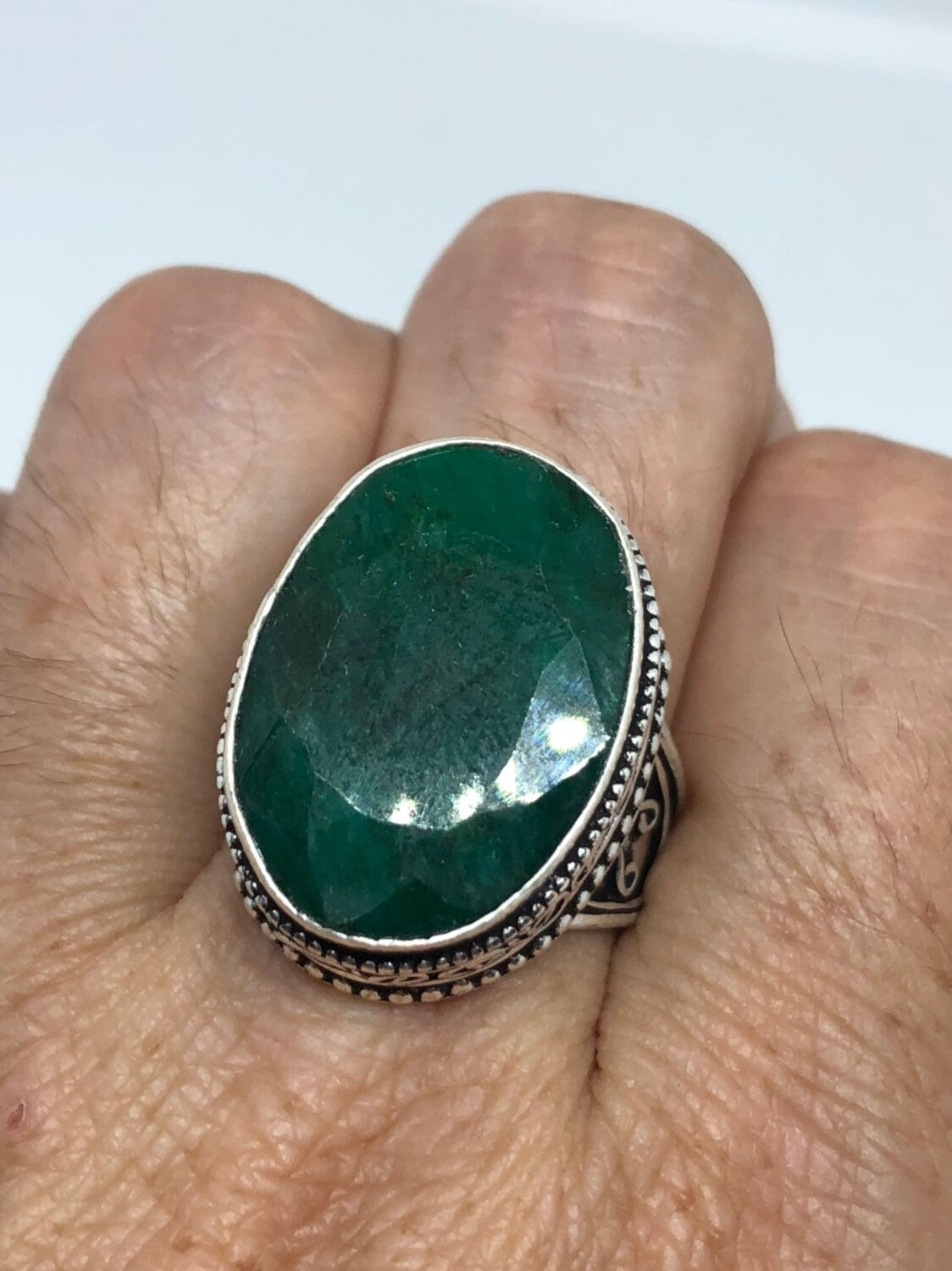 Vintage Green Raw Emerald Silver Bronze Statement Boho Ring