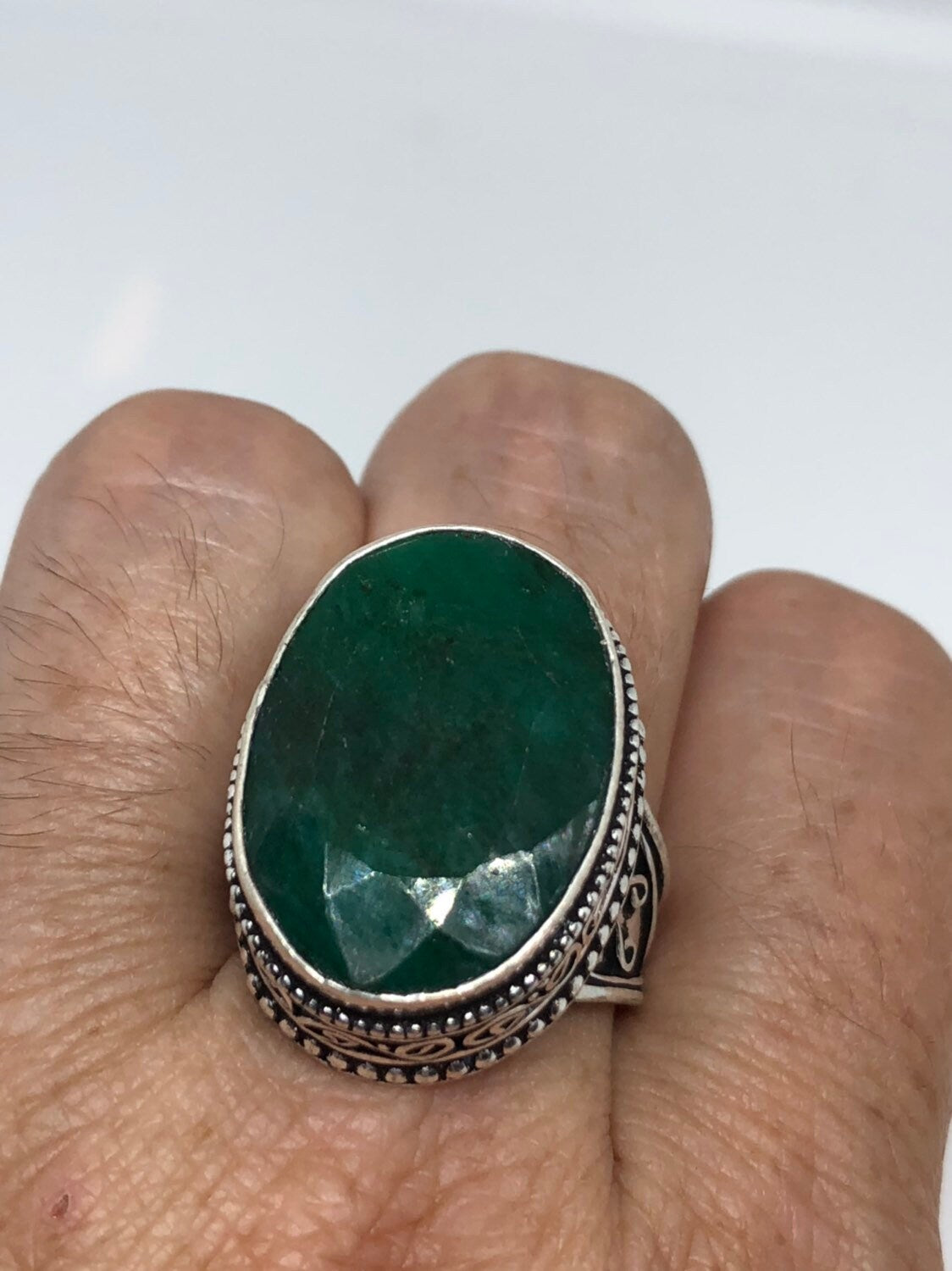 Vintage Green Raw Emerald Silver Bronze Statement Boho Ring