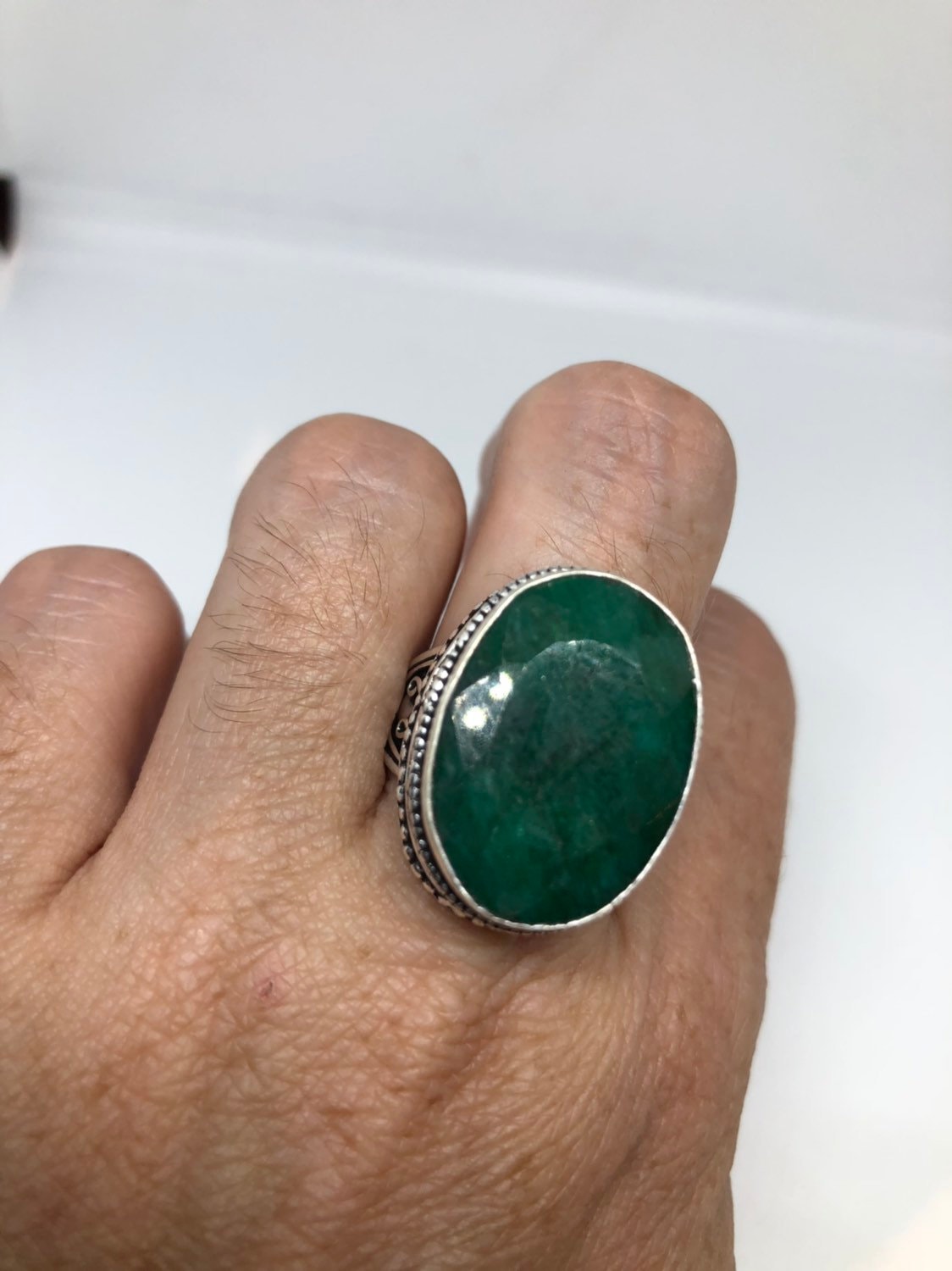 Vintage Green Raw Emerald Silver Bronze Statement Boho Ring