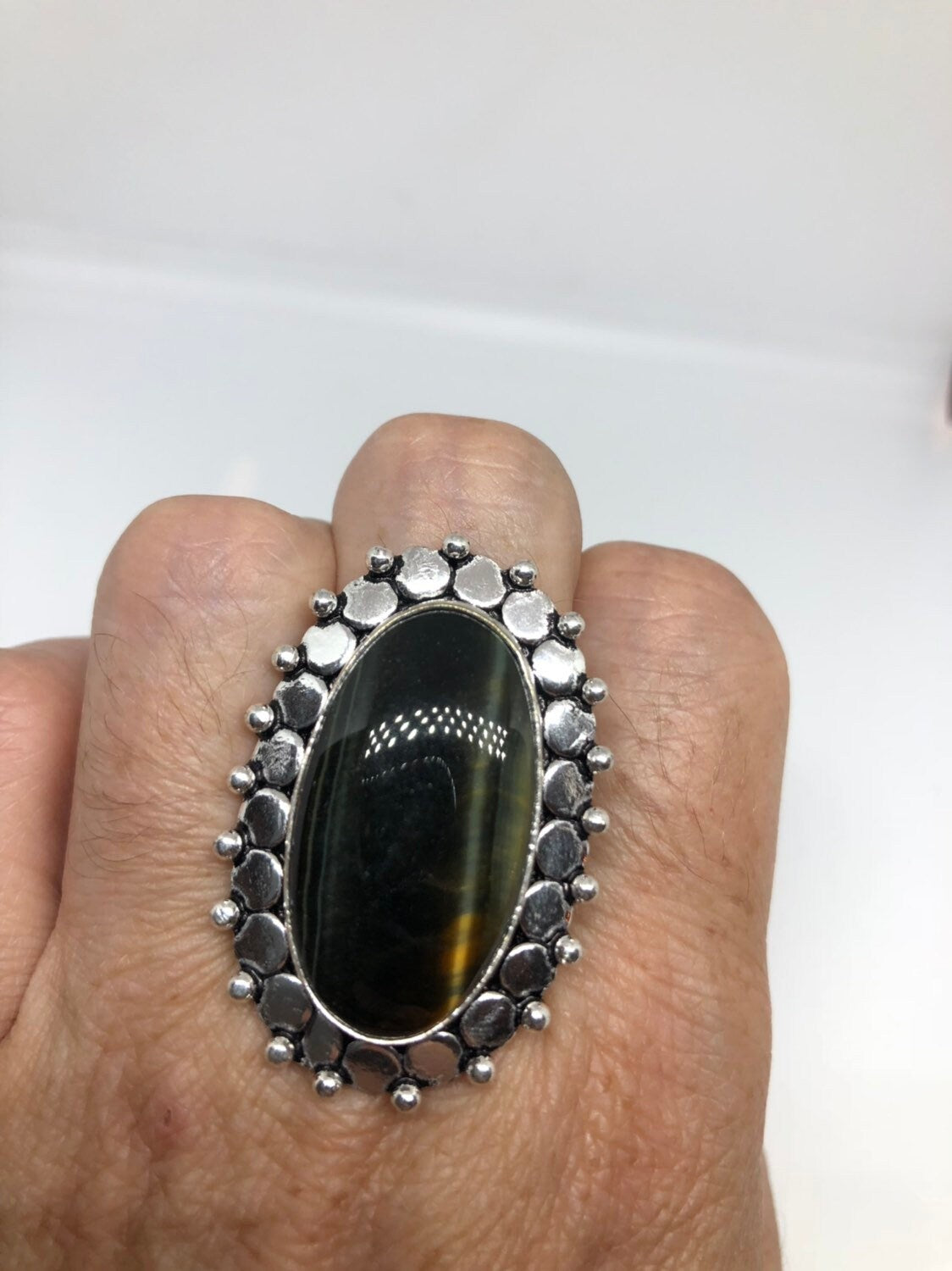 Vintage Large Blue Tigers Eye Stone Silver Ring