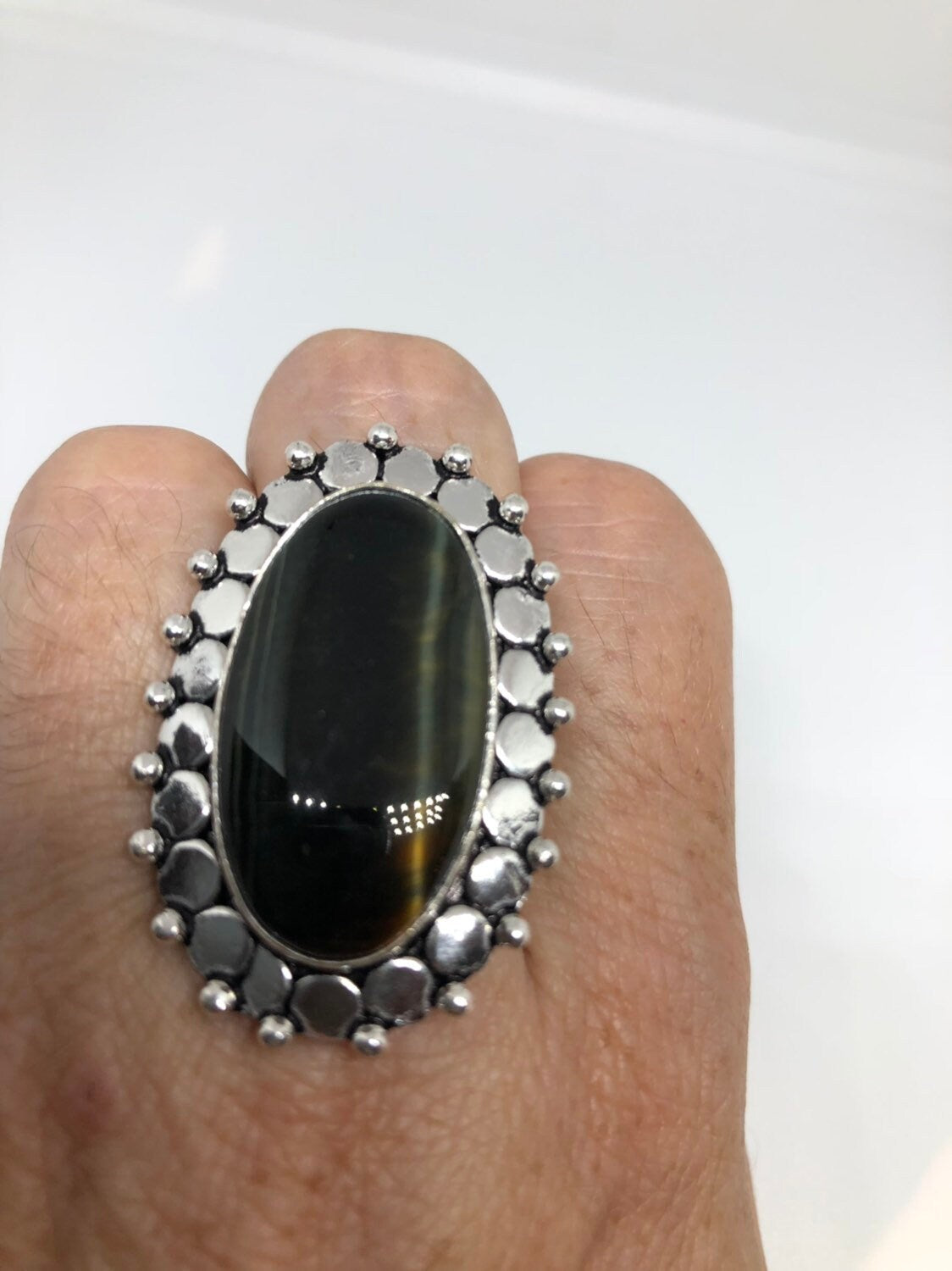 Vintage Large Blue Tigers Eye Stone Silver Ring