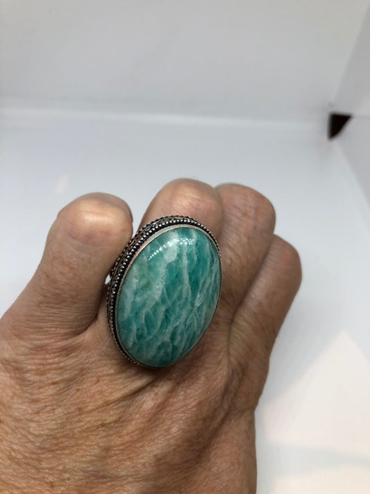 Vintage Green Amazonite Silver Ring Size 8.25