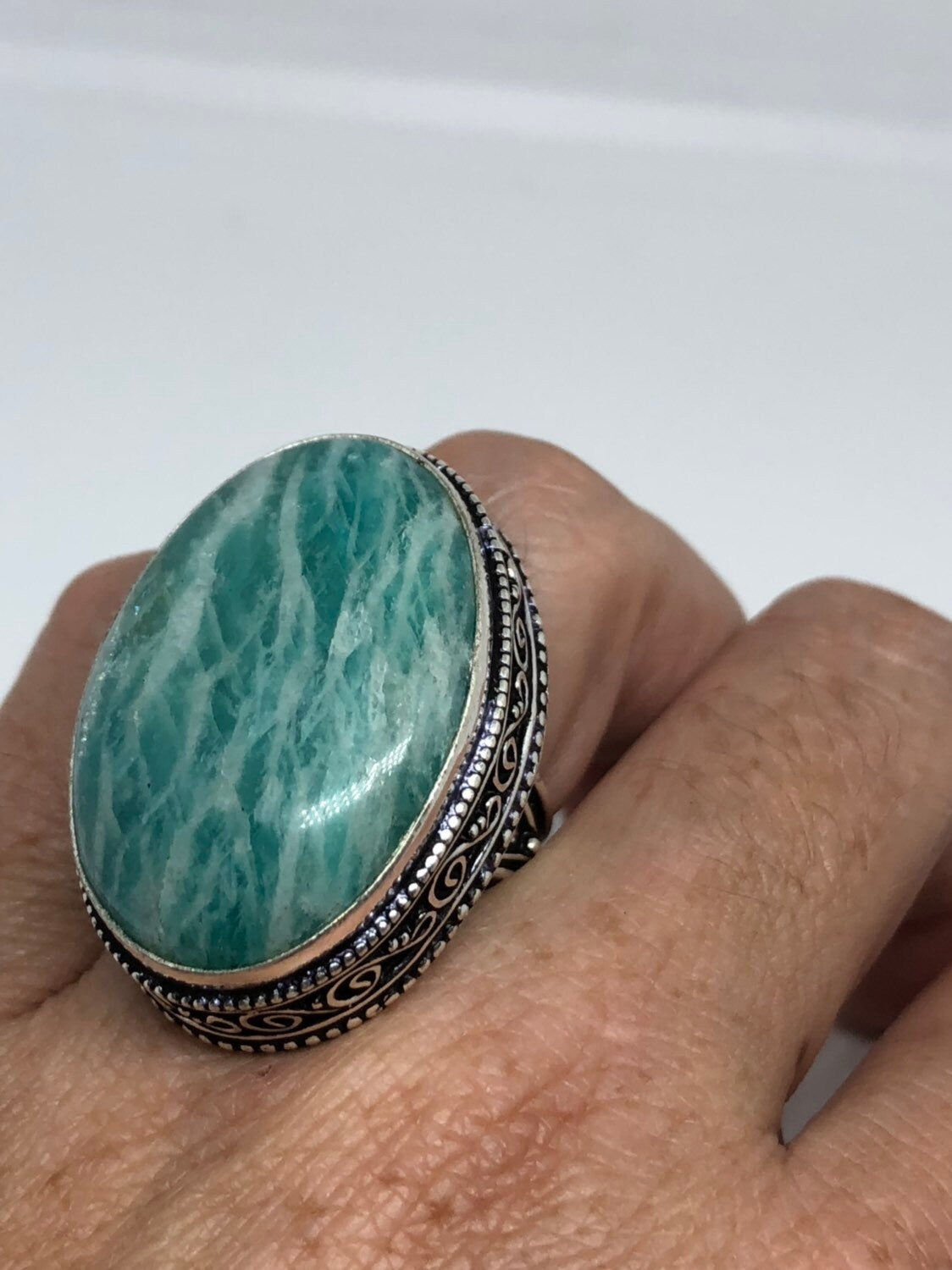 Vintage Green Amazonite Silver Ring Size 8.25