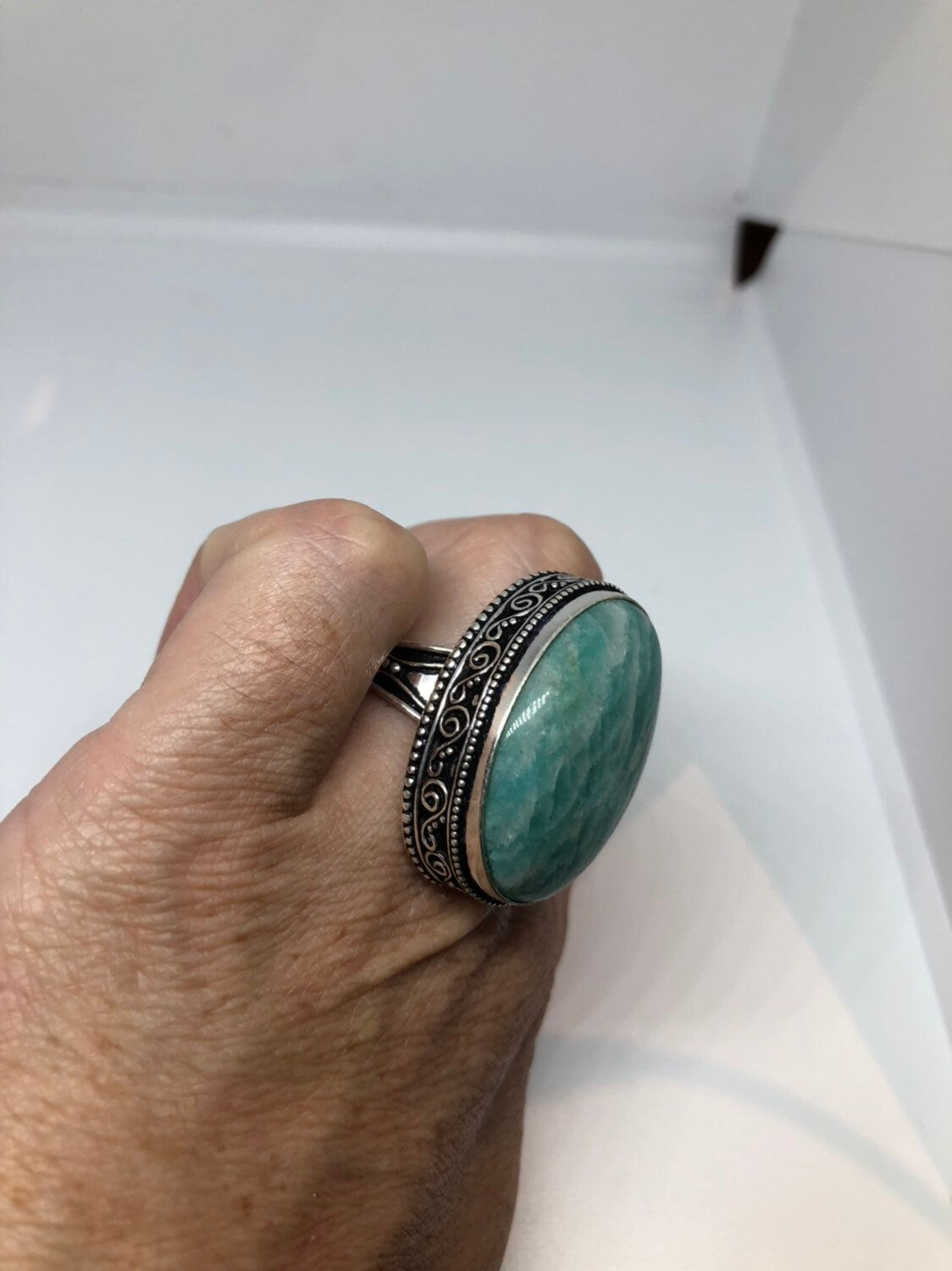 Vintage Green Amazonite Silver Ring Size 8.25