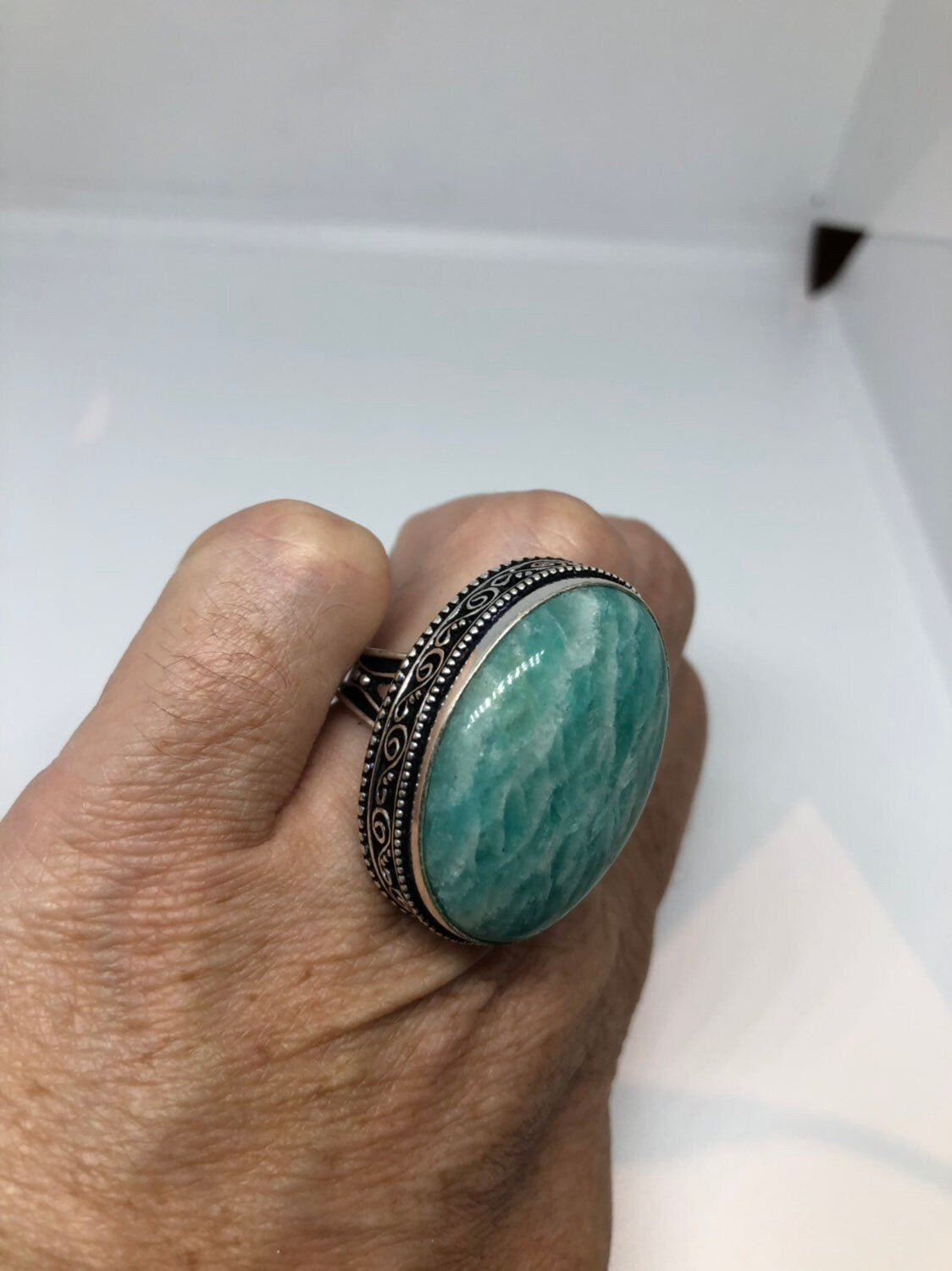 Vintage Green Amazonite Silver Ring Size 8.25