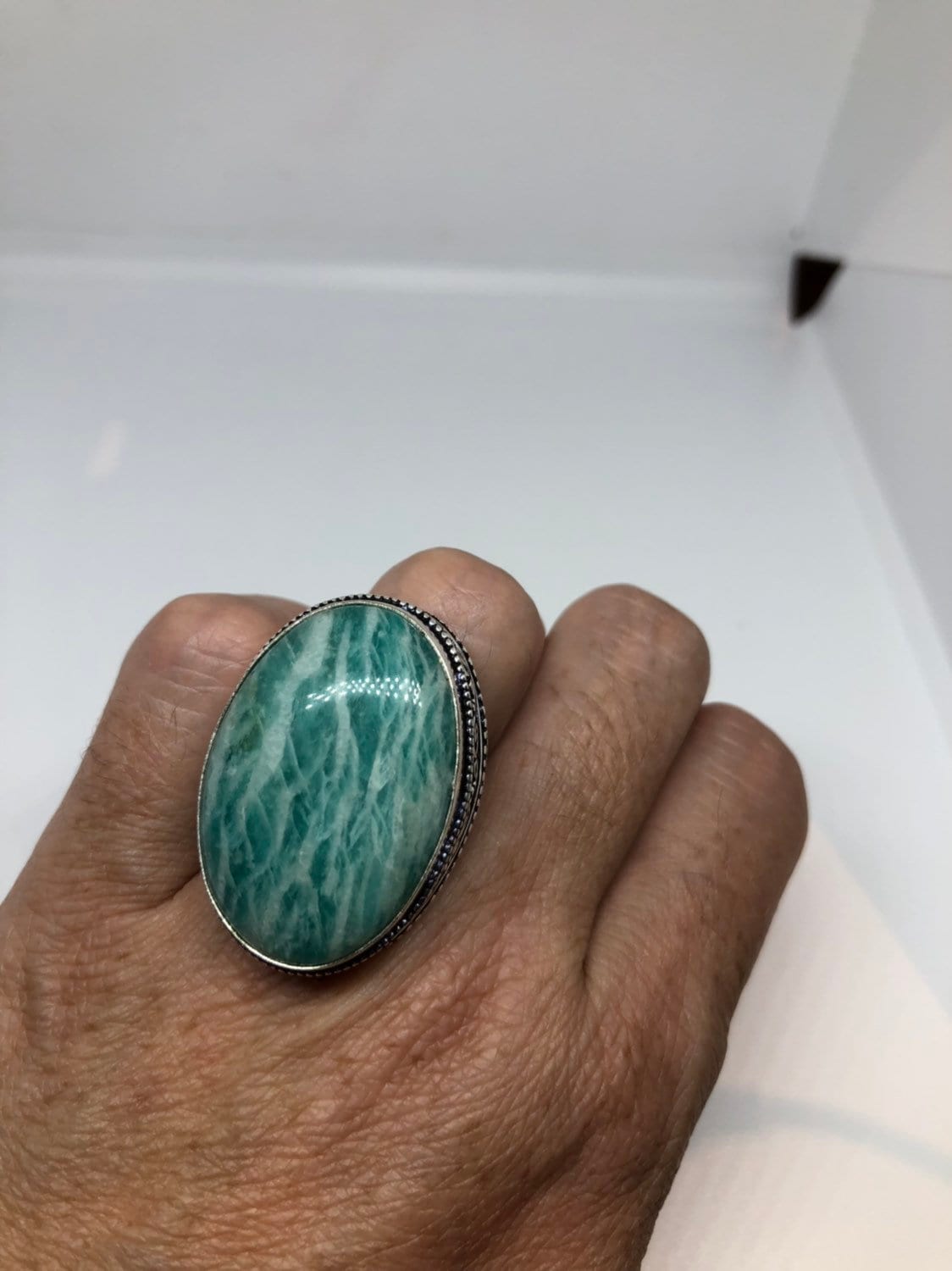 Vintage Green Amazonite Silver Ring Size 8.25