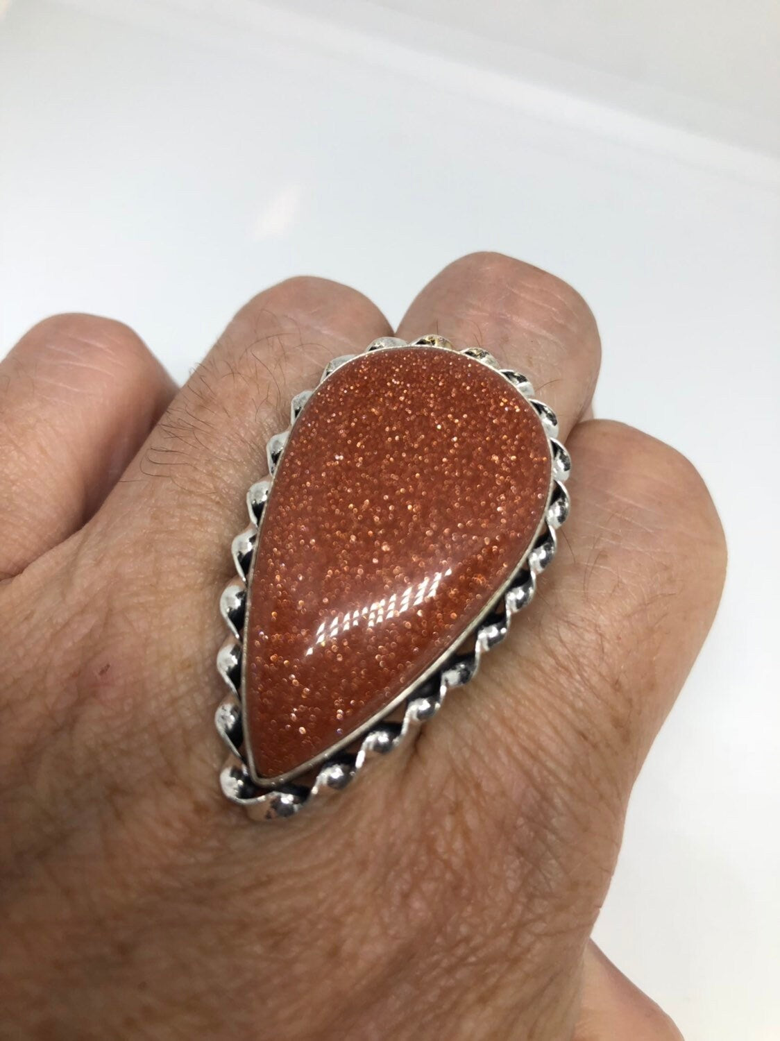 Vintage Handmade Deep Gold Sandstone Setting Silver Ring