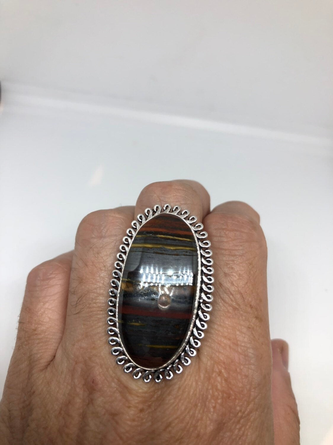 Vintage Large Blue Tigers Eye agate Stone Silver Ring