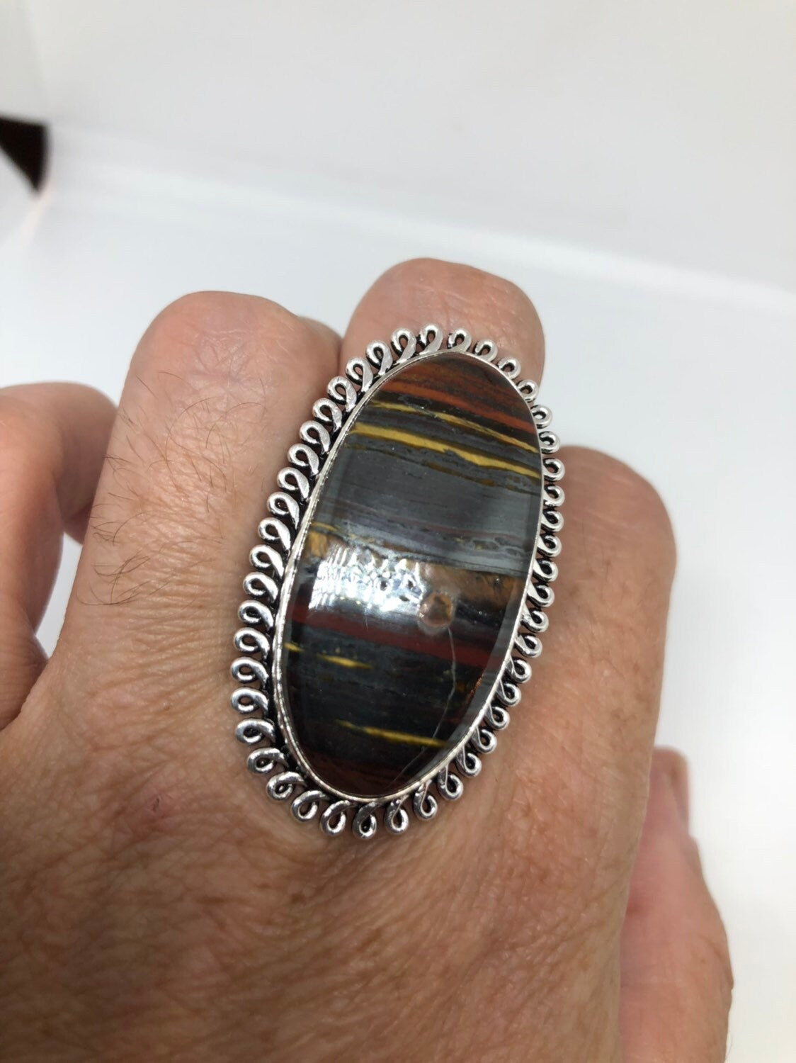 Vintage Large Blue Tigers Eye agate Stone Silver Ring