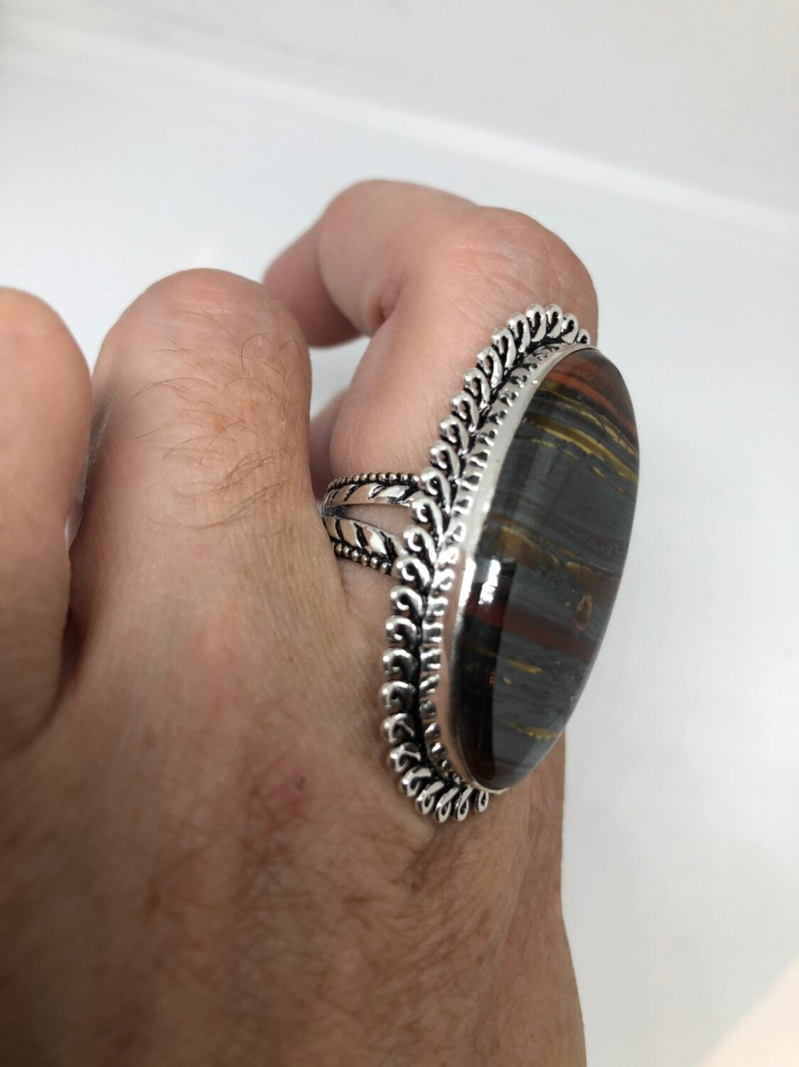 Vintage Large Blue Tigers Eye agate Stone Silver Ring