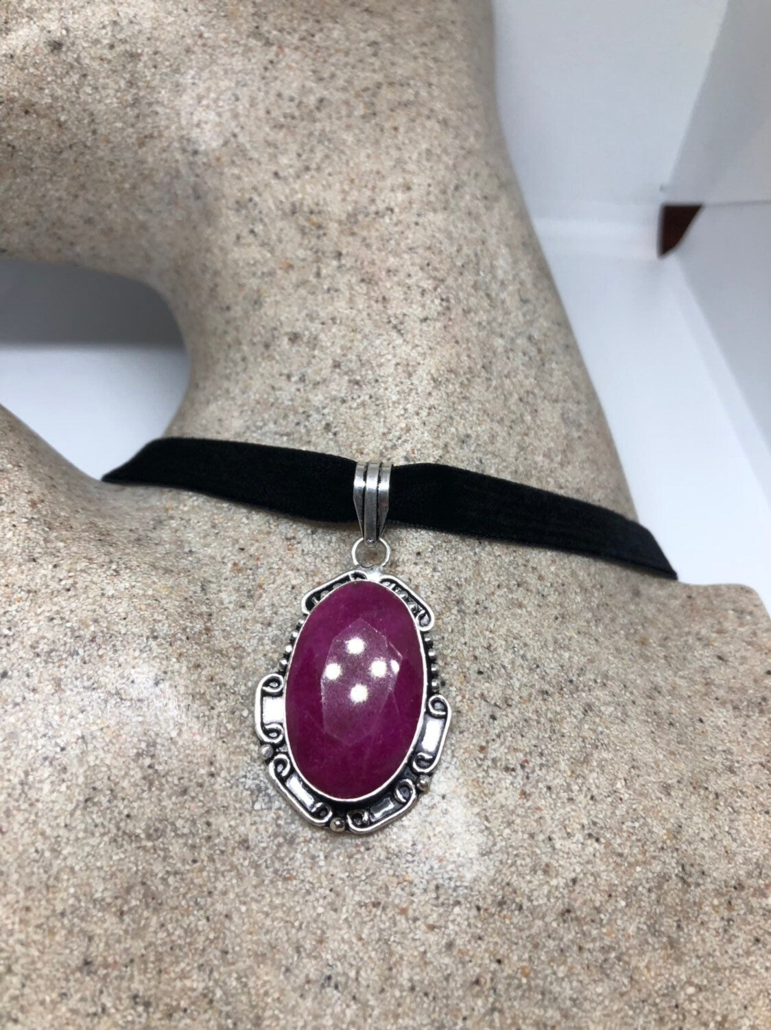 Vintage Silver Rhodium Finish Raw Ruby Pendant