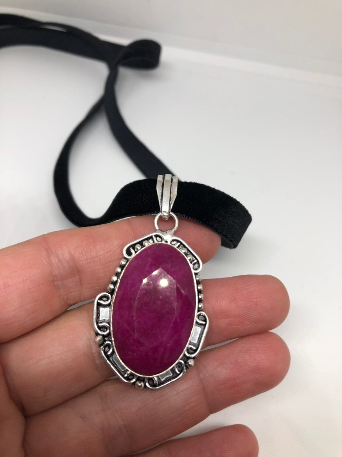 Vintage Silver Rhodium Finish Raw Ruby Pendant