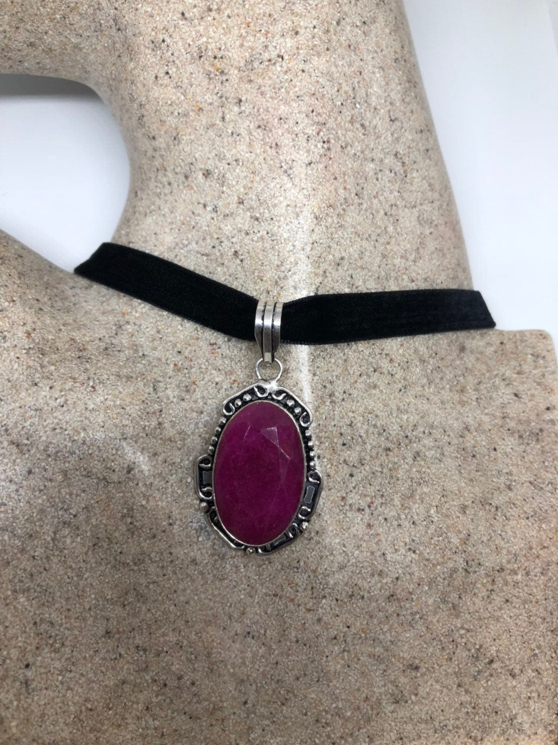 Vintage Silver Rhodium Finish Raw Ruby Pendant