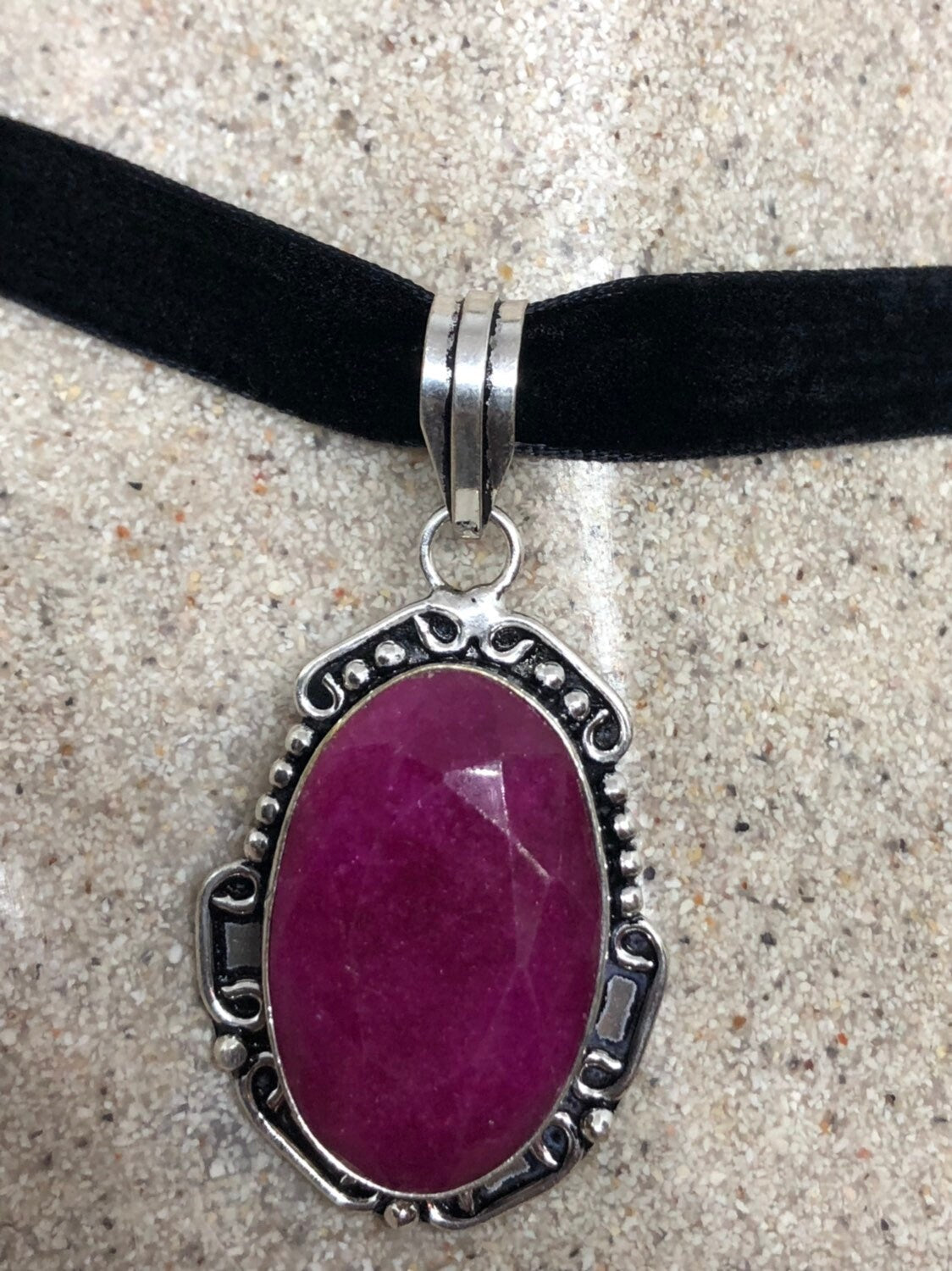 Vintage Silver Rhodium Finish Raw Ruby Pendant