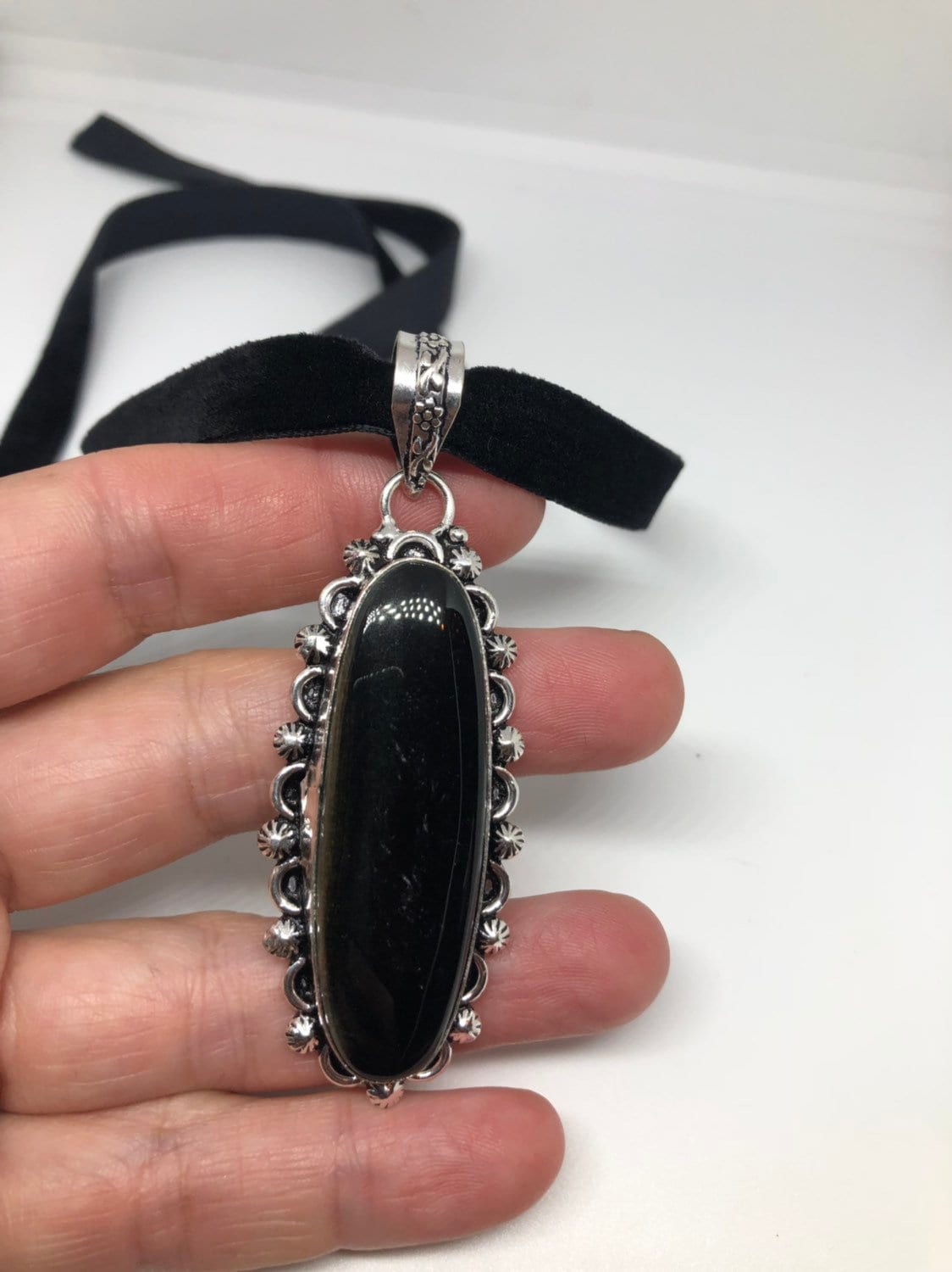 Vintage Silver Genuine Black Onyx Dangle Pendant Necklace