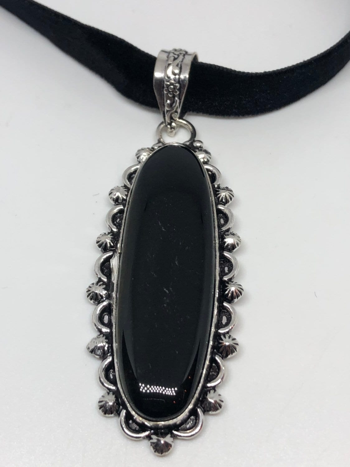 Vintage Silver Genuine Black Onyx Dangle Pendant Necklace