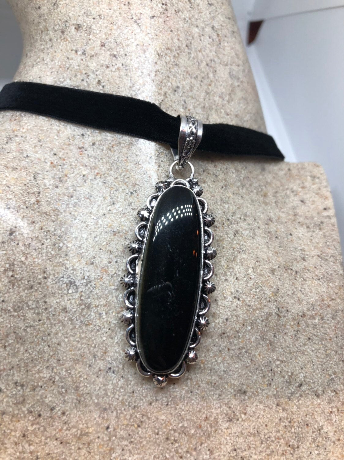 Vintage Silver Genuine Black Onyx Dangle Pendant Necklace